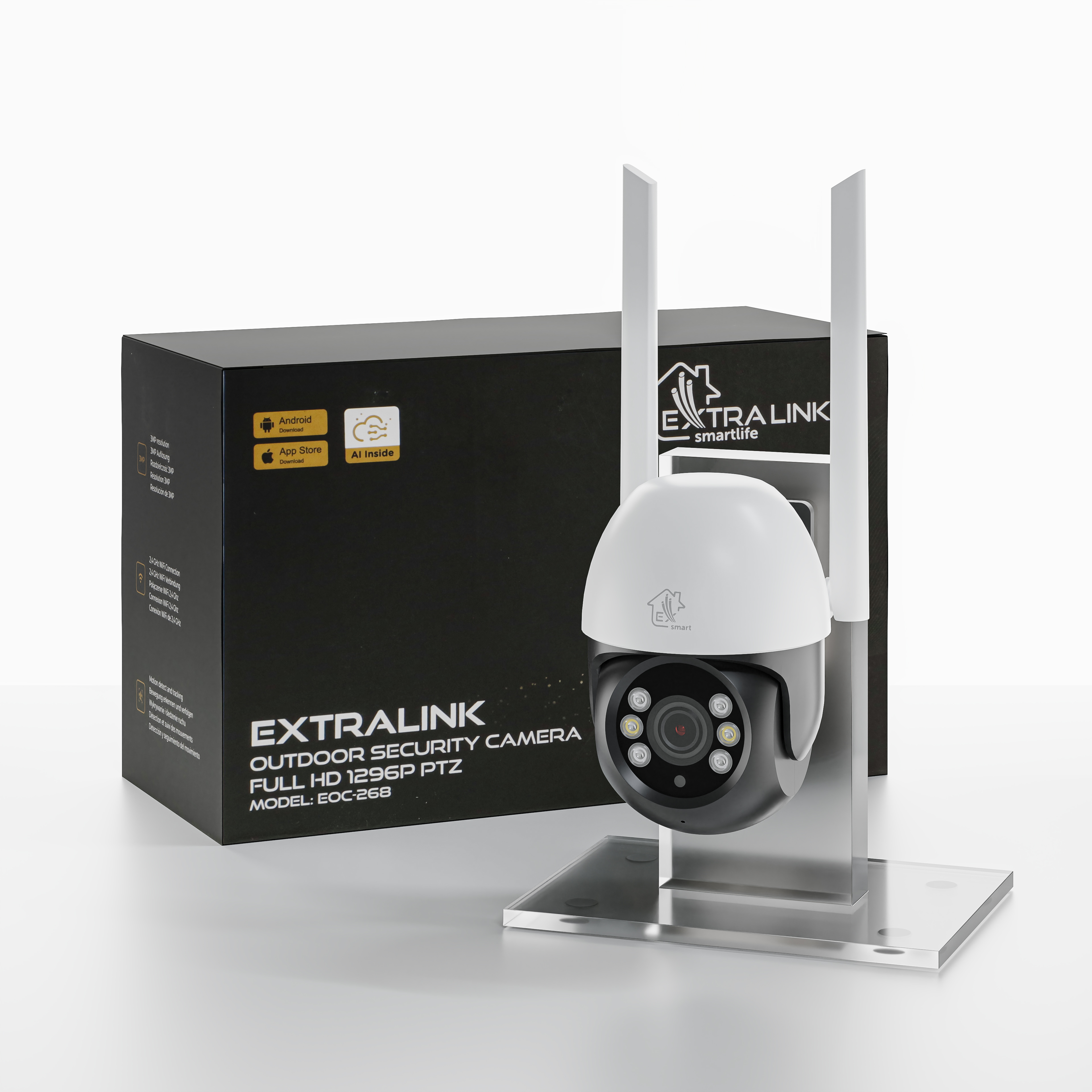 Ein weiß-grauer PTZ-Sicherheitsmonitor steht neben einer schwarzen Box mit Produktinformationen.