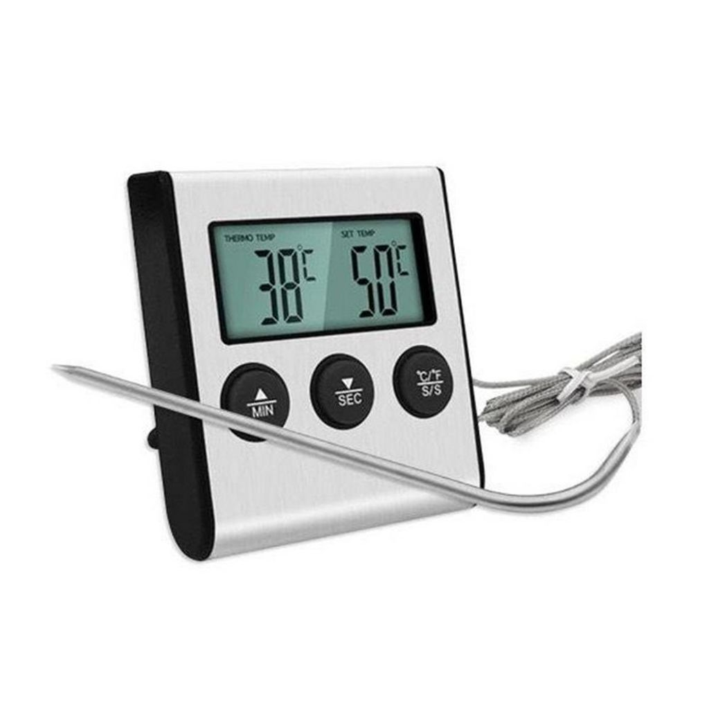 Ein digitaler Fleischthermometer mit Metallsonde und LCD-Anzeige. "THERMO TEMP" 38°C, "SET TEMP" 50°C.