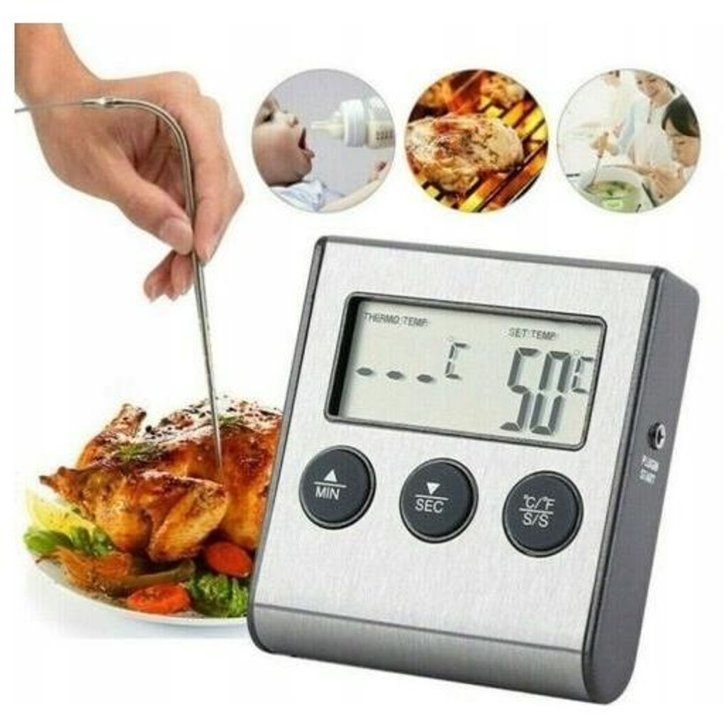 Digitale Küchenuhr mit Fleischthermometer und Anwendungsbildern.