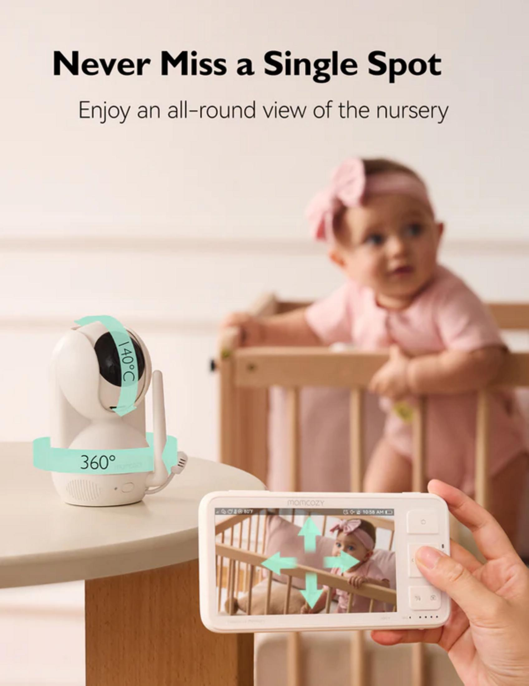 Babyphone mit Bildschirm zeigt Baby im Stubenwagen, Babyphone mit 360° Ansicht.