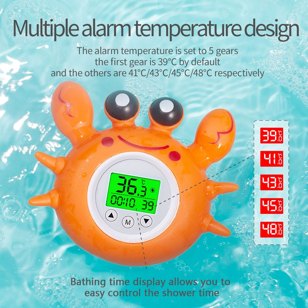 Orange Krabbe-Thermometer mit digitaler Anzeige in einem Schwimmbecken.
