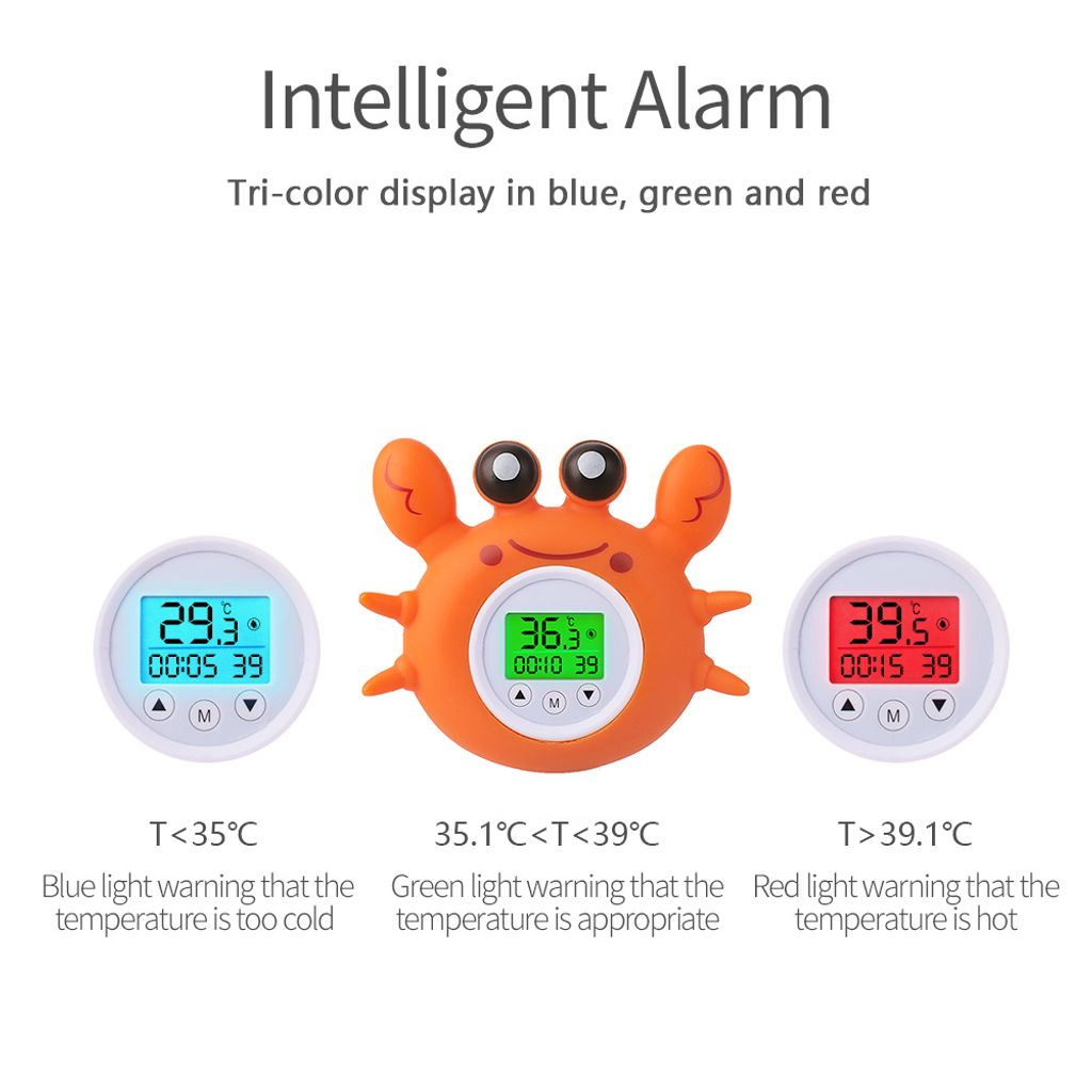 Ein orangefarbener Krabben-Thermometer mit drei digitalen Displays: blau (kalt), grün (optimal), rot (heiß).