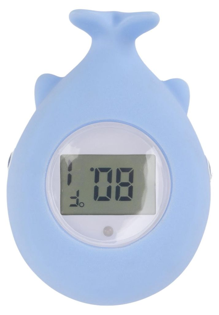 Ein hellblauer Wal-förmiger Digitalwecker mit einer Anzeige von 80,1 Grad Fahrenheit.