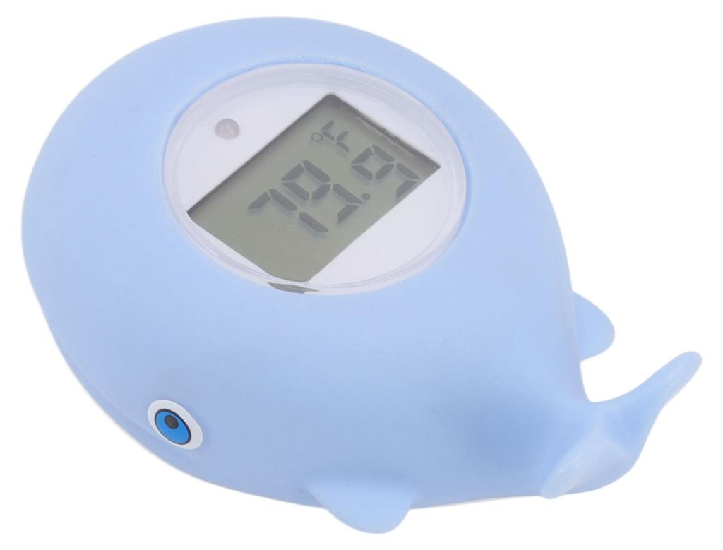 Ein hellblauer Wal-Thermometer mit einem digitalen Display, das 70.2 anzeigt.