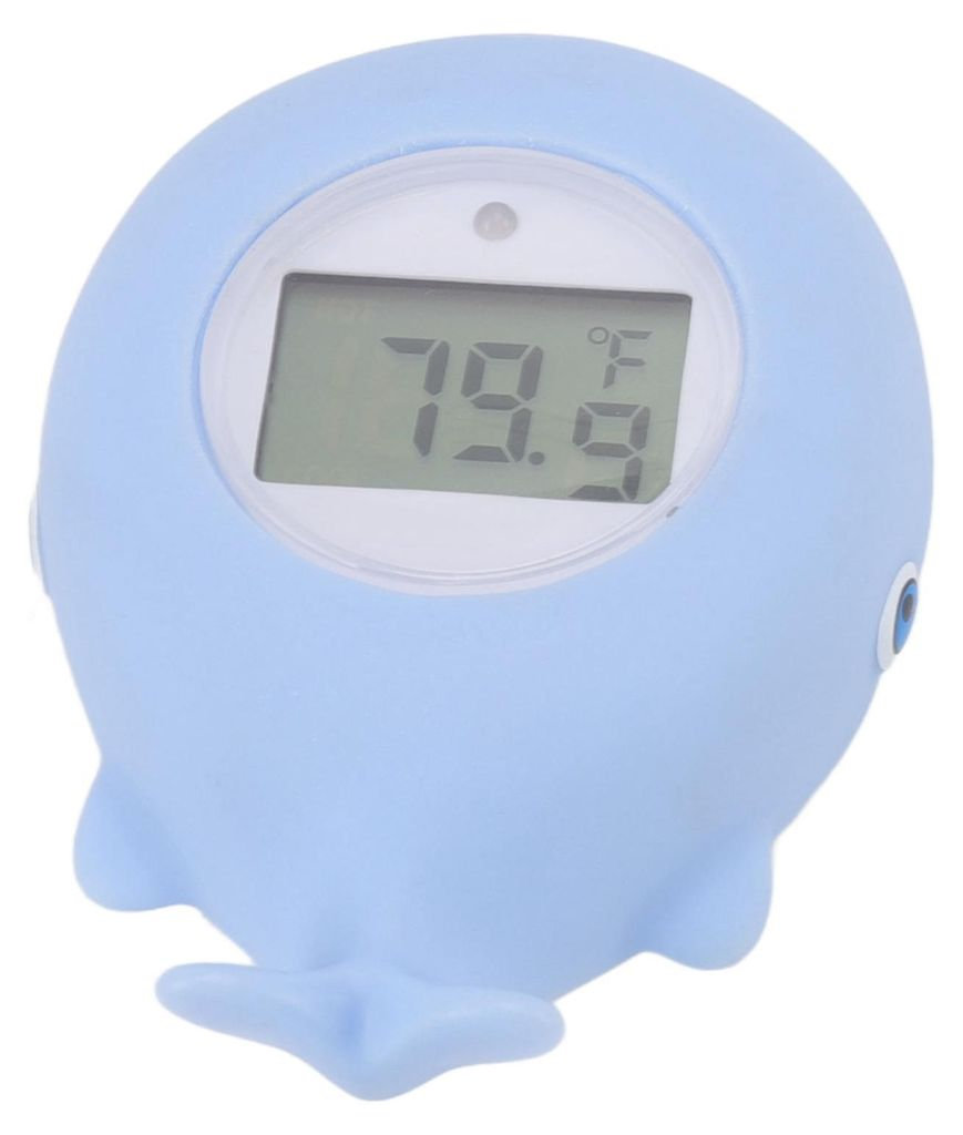 Ein hellblaues Thermometer in Walsform zeigt 79,9 Grad F auf seinem Bildschirm an.