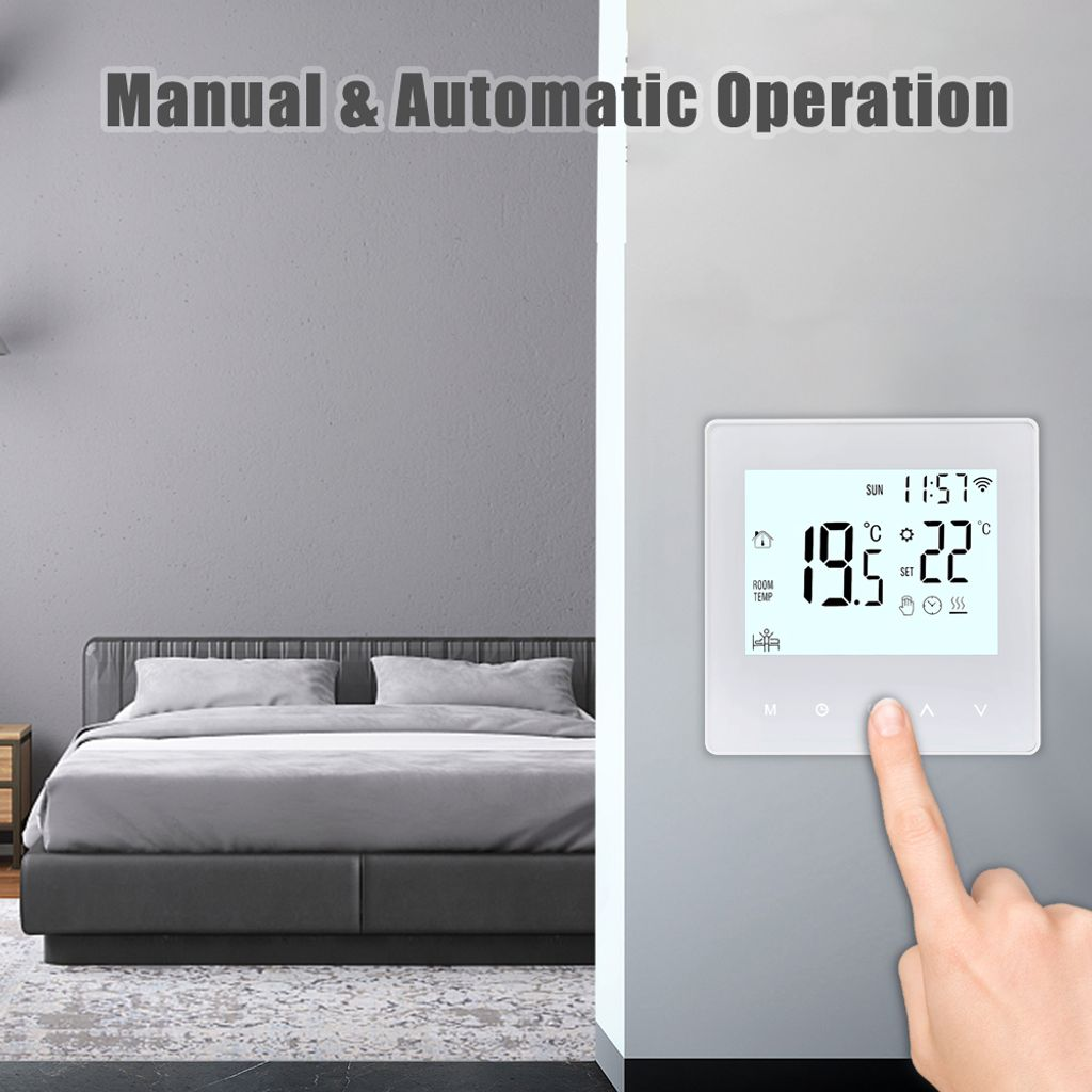 Ein Thermostat zeigt Raumtemperatur 19.5C und Solltemperatur 22C an.