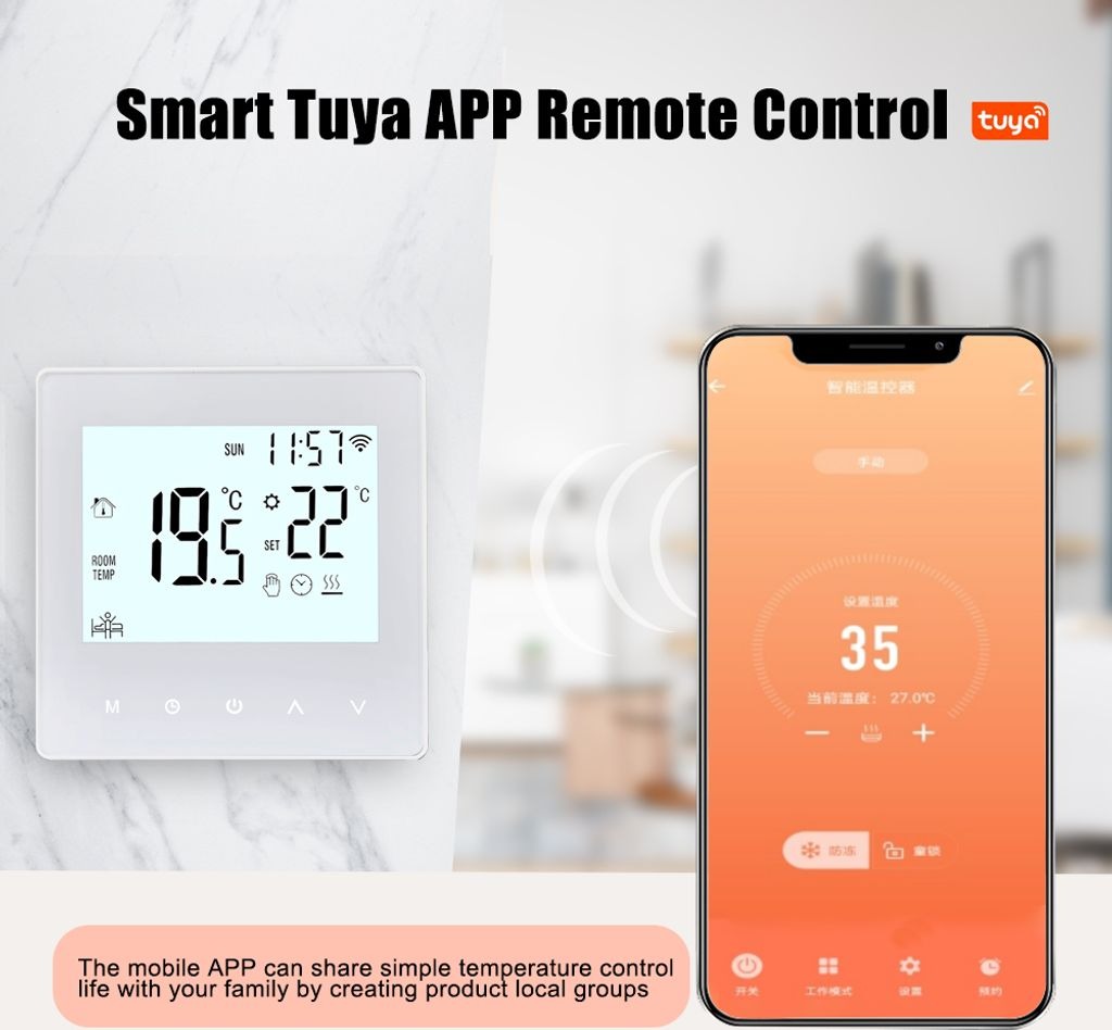 Ein Thermostat zeigt 19,5°C Raumtemperatur und 22°C Sollwert an. Daneben ein Smartphone mit App.