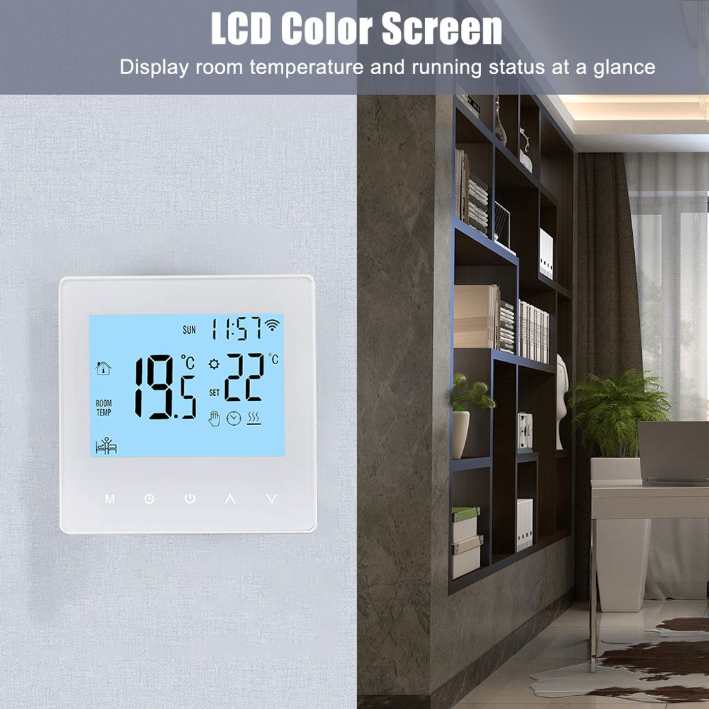 Ein weißer Thermostat zeigt 19,5°C Raumtemperatur und 22°C Solltemperatur.