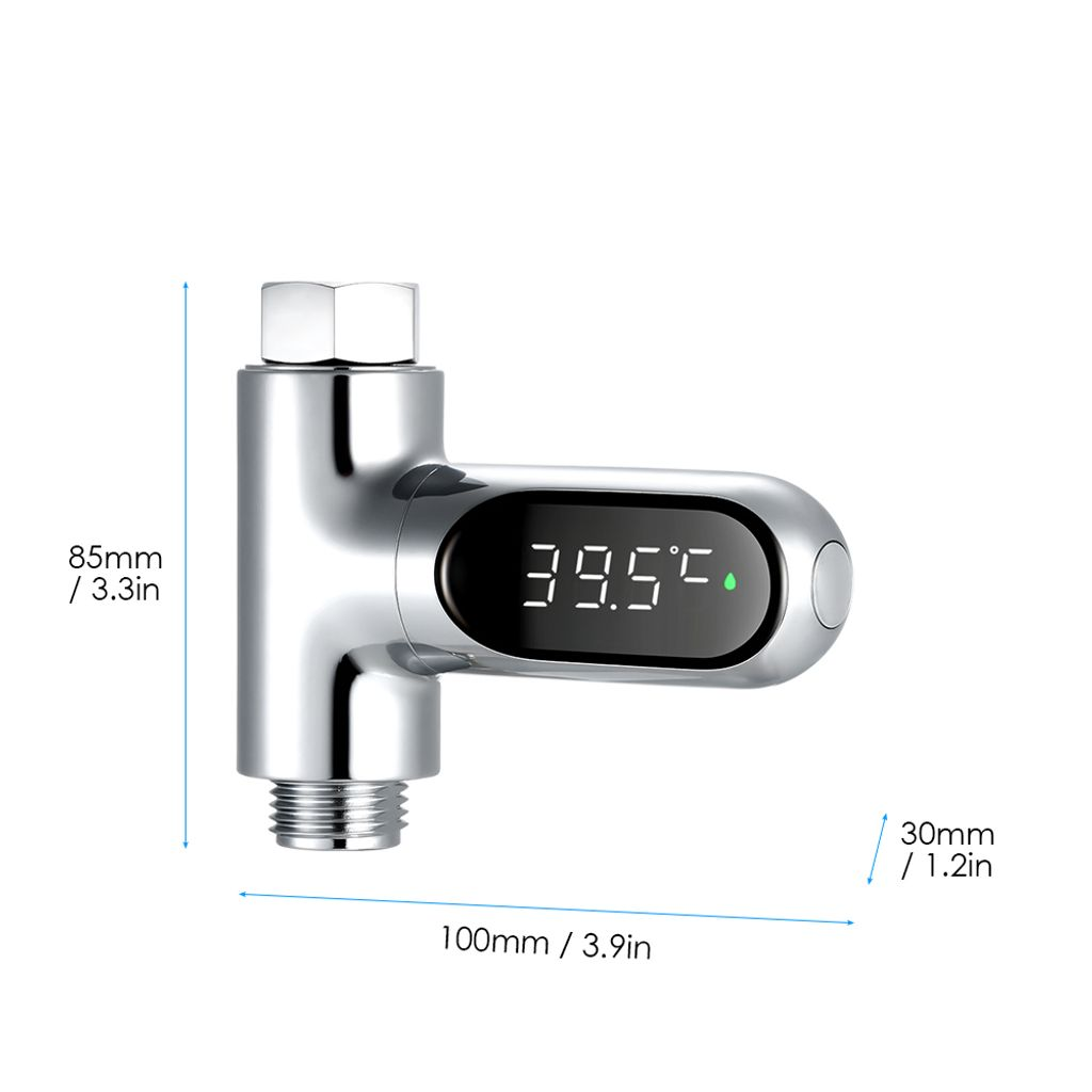 Ein silberner Duschthermostat mit digitaler Anzeige von 39.5°C.