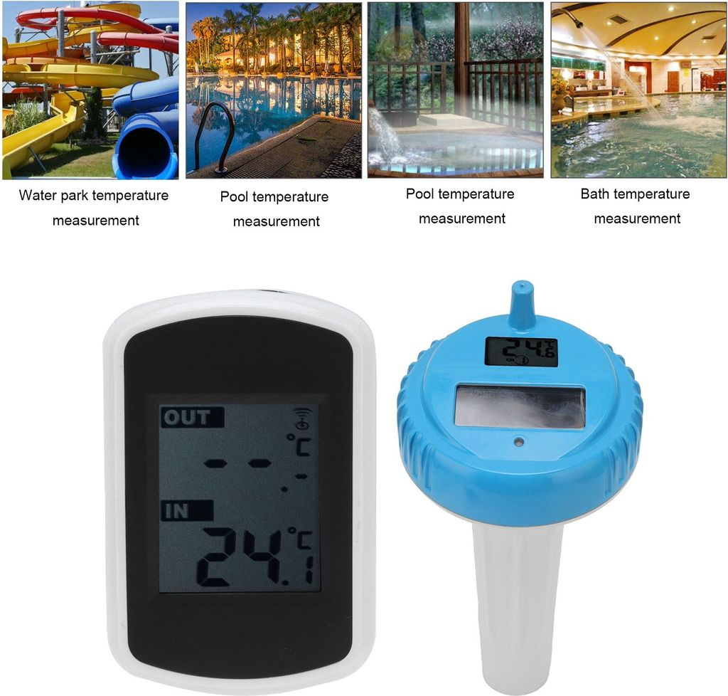 Digitale Thermometer für Wasserparks, Pools und Bäder mit Anzeige.