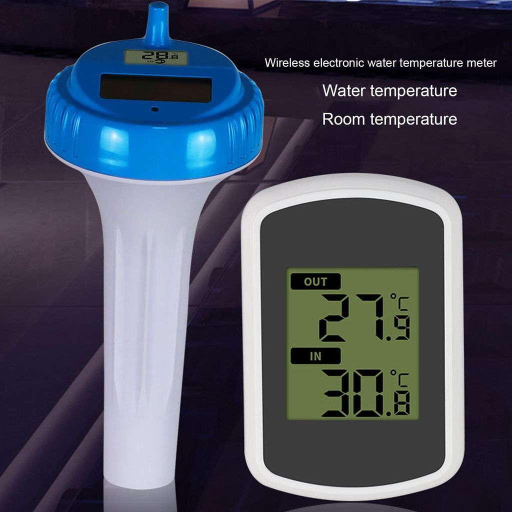 Ein digitaler Wassertemperaturmesser mit blauem und weißem Gehäuse, daneben ein Empfänger.