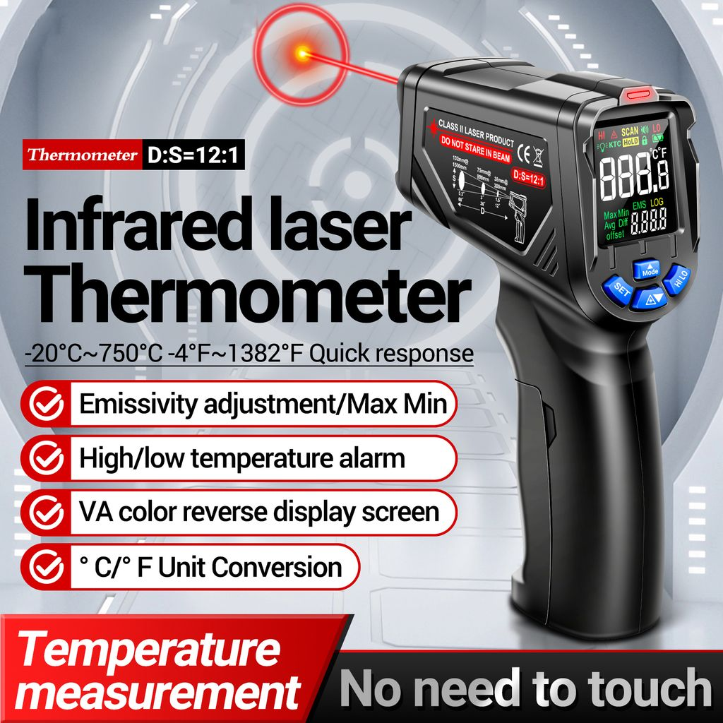 Ein schwarzes Infrarot-Thermometer mit rotem Laserpunkt und Display.
