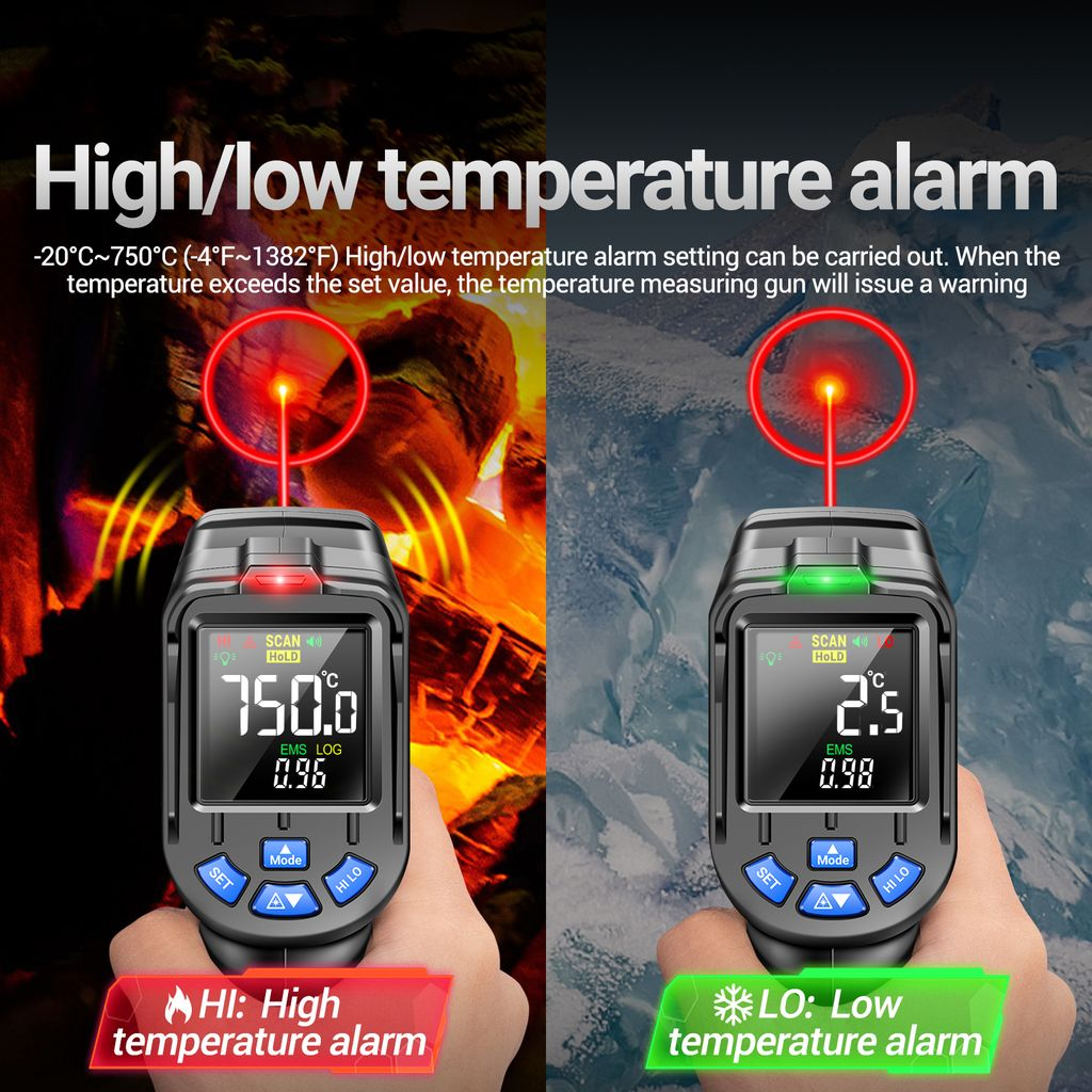 Zwei Infrarotthermometer: eines zeigt 750,0°C (hoher Temperaturalarm), das andere 2,5°C (niedriger Temperaturalarm).