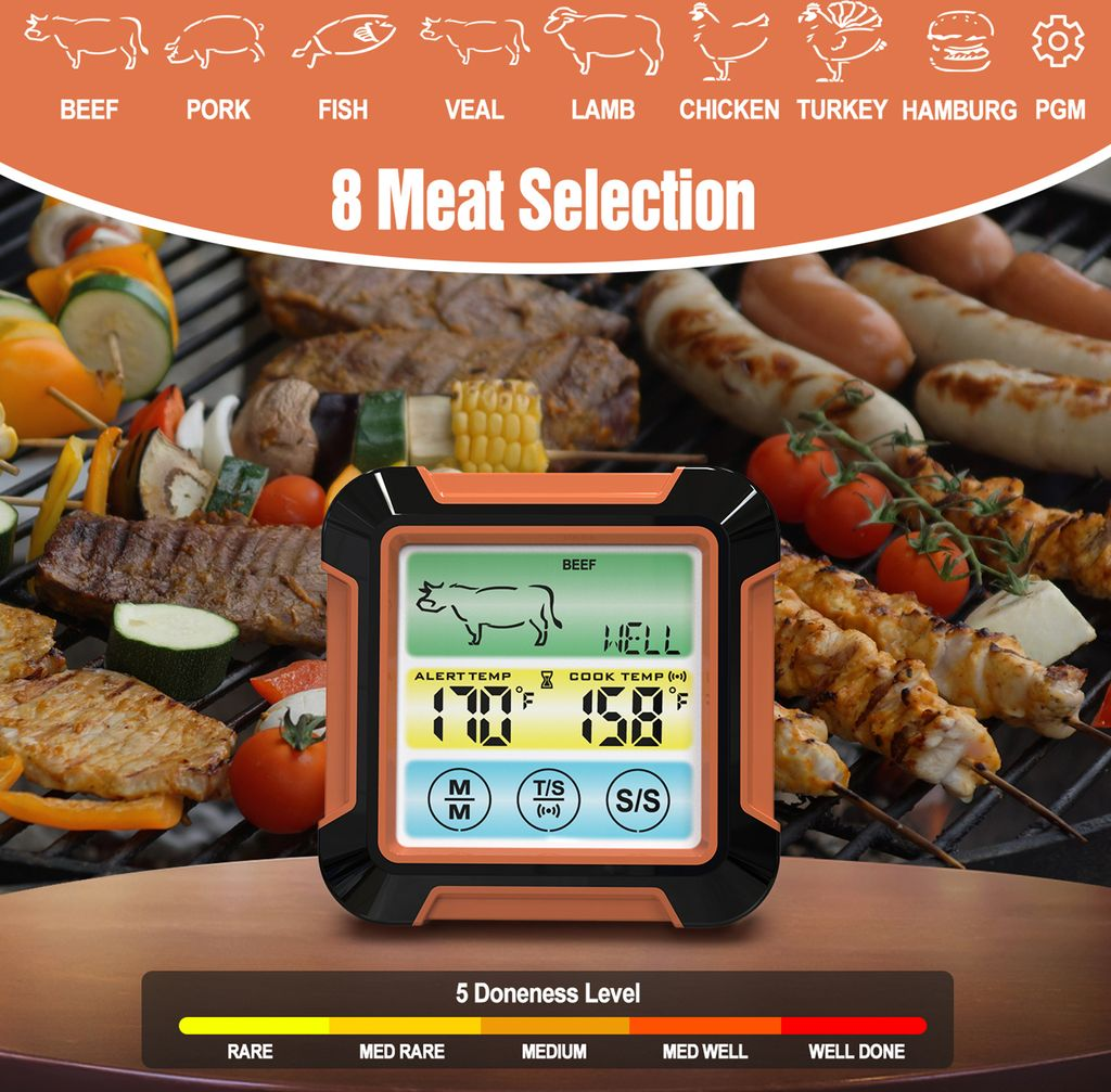 Ein Fleischthermometer zeigt "WELL" an, daneben gegrilltes Fleisch und Würstchen.