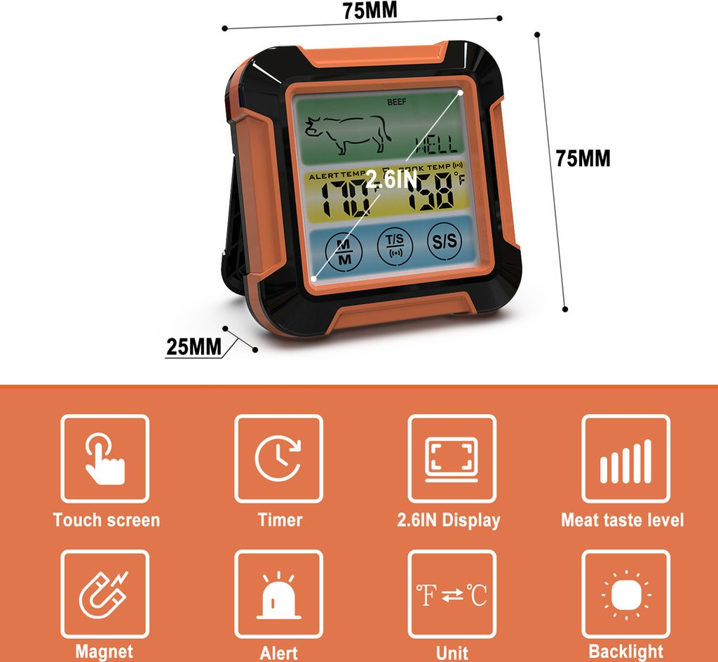 Ein digitaler Fleischthermometer mit orangefarbenem Gehäuse und 2,6-Zoll-Display.