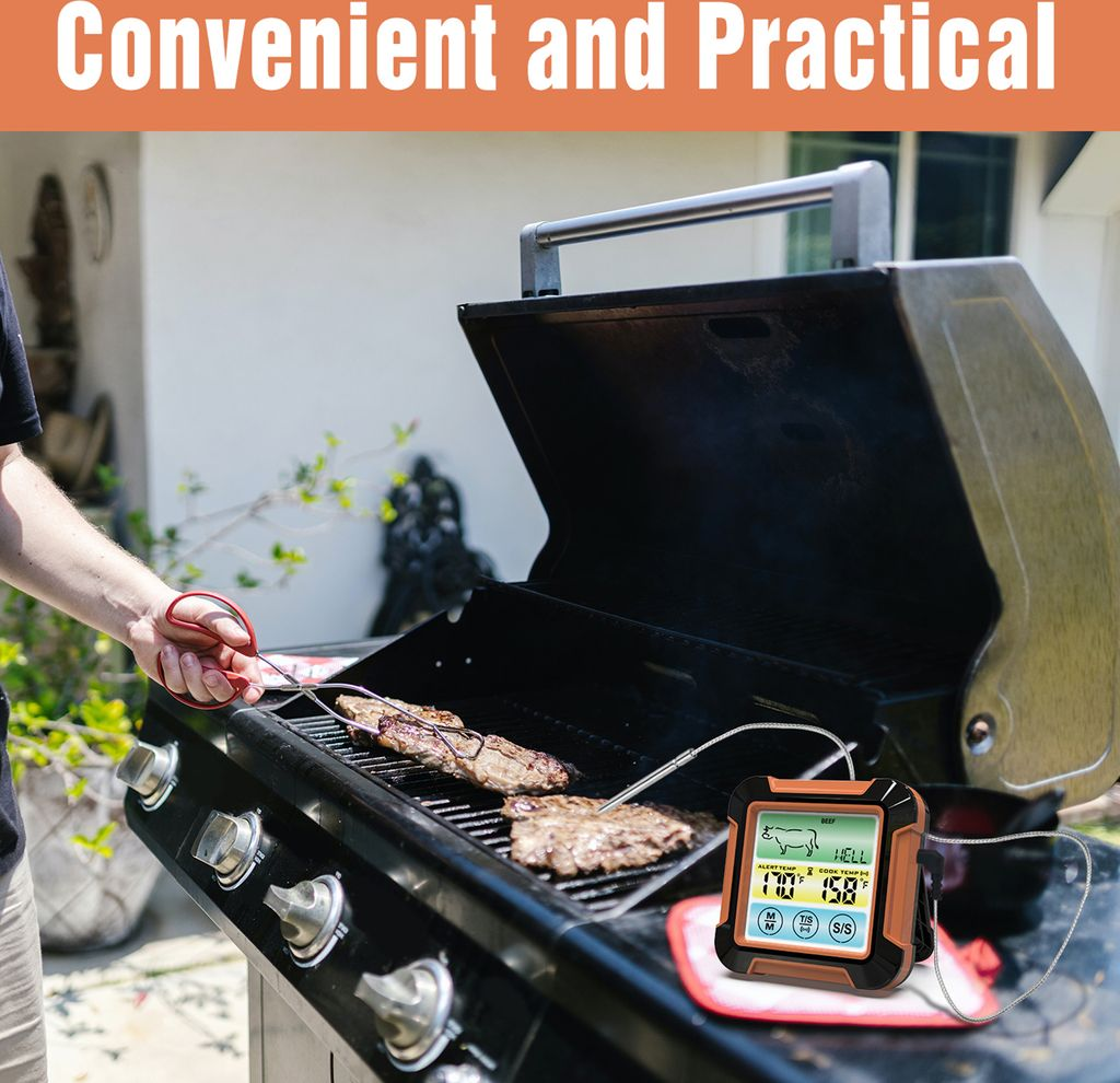 Mann grillt Burger auf einem Gasgrill mit Fleischthermometer. Offener Grill.