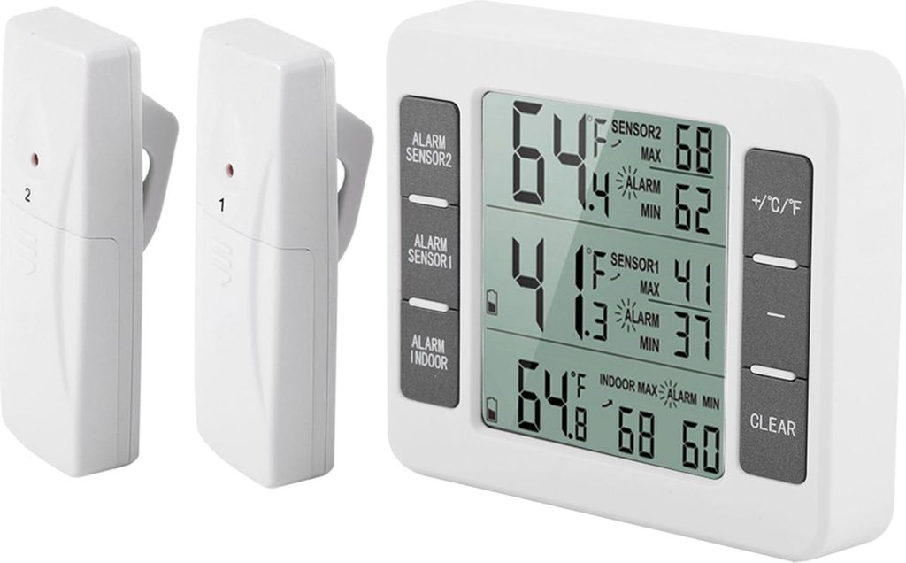 Ein weißes digitales Thermometer mit zwei externen Sensoren und einem LCD-Display, das Temperaturen anzeigt.