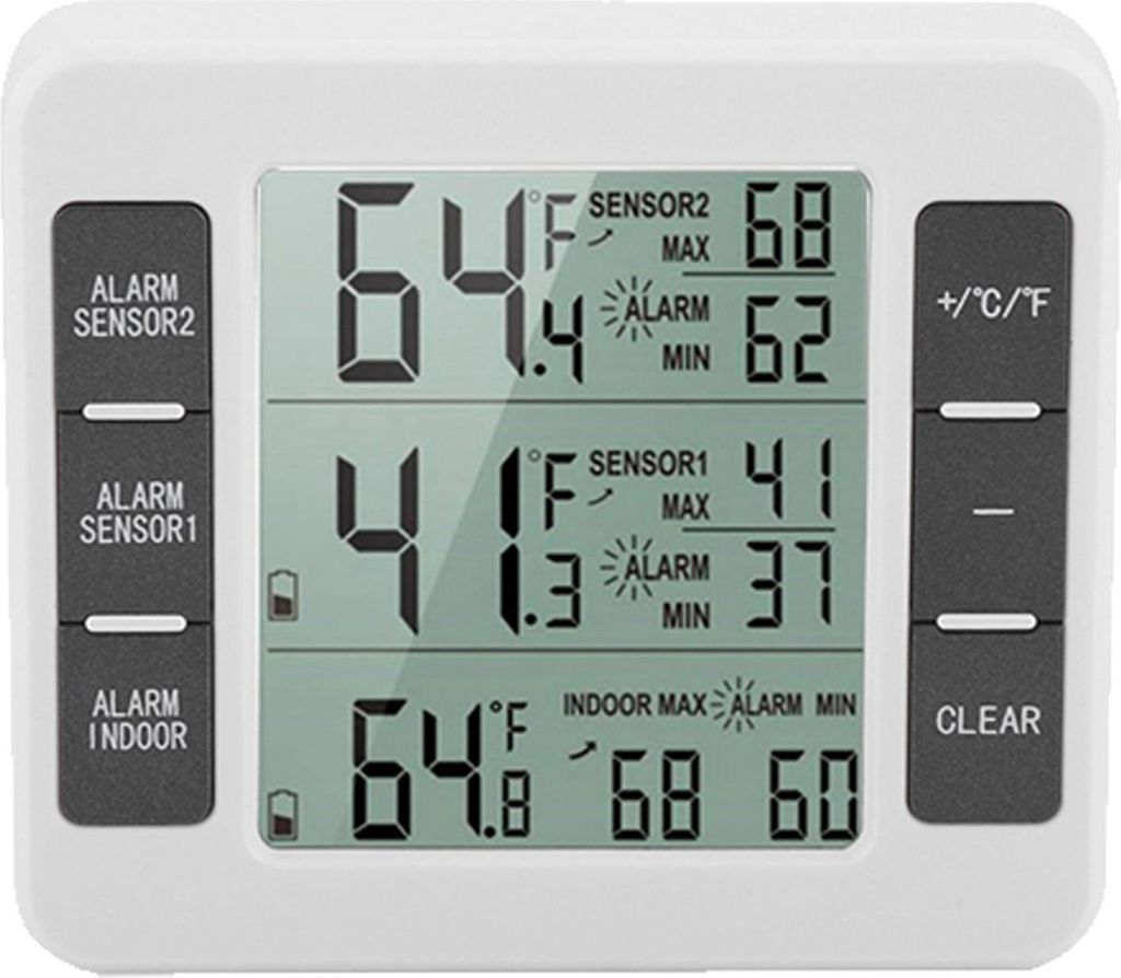 Weißes Digitalthermometer zeigt Temperaturen für Sensor 2, Sensor 1 und Innenbereich an. Knöpfe links und rechts.