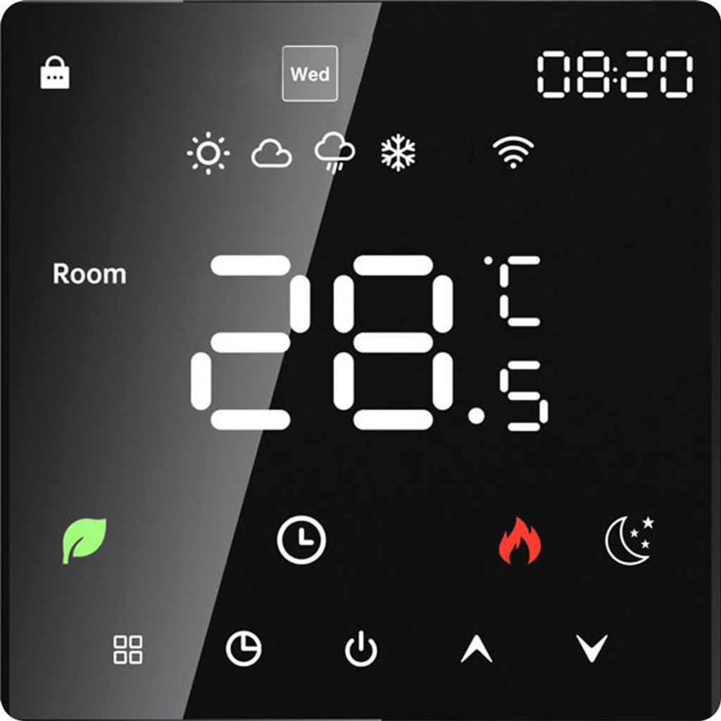 Ein digitaler Thermostat zeigt 28,5 Grad an, mit Wettersymbolen und Uhrzeit.