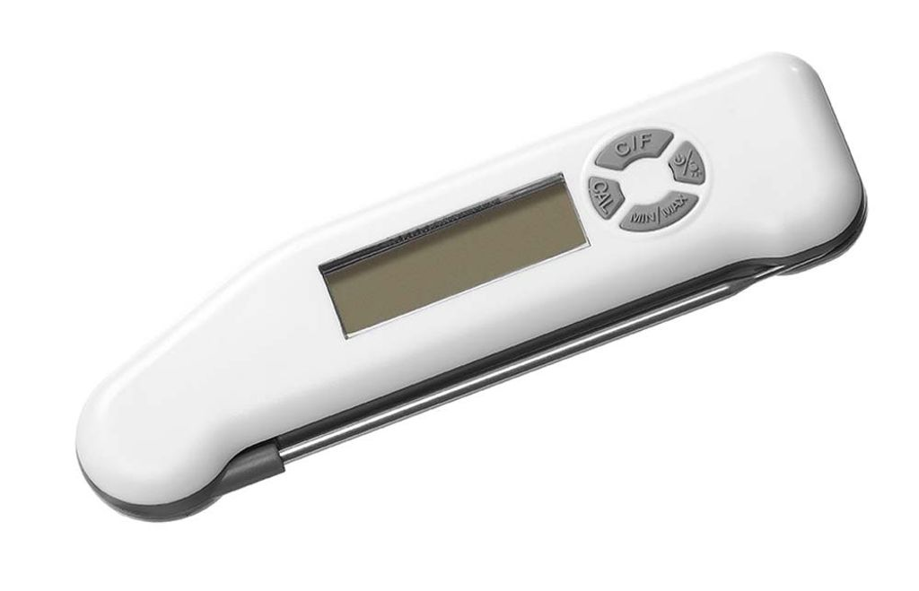 Weißes Digitalthermometer mit LCD-Display und Tasten. Metallsonde ausziehbar.