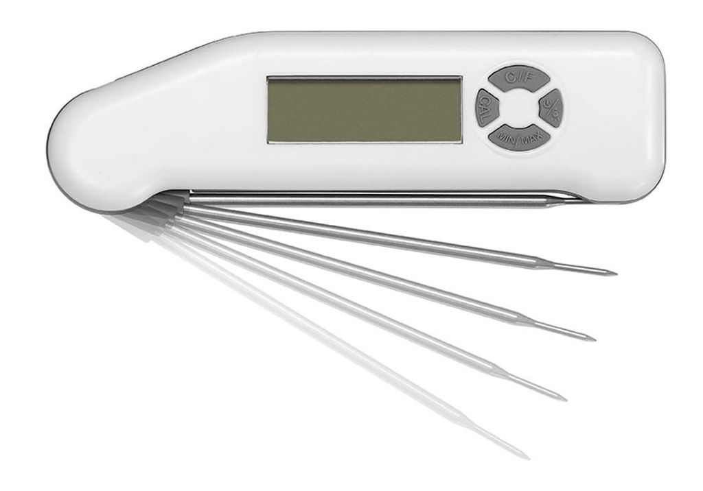 Ein weißes Digitalthermometer mit ausklappbaren Metallfühlern und einem LCD-Bildschirm.