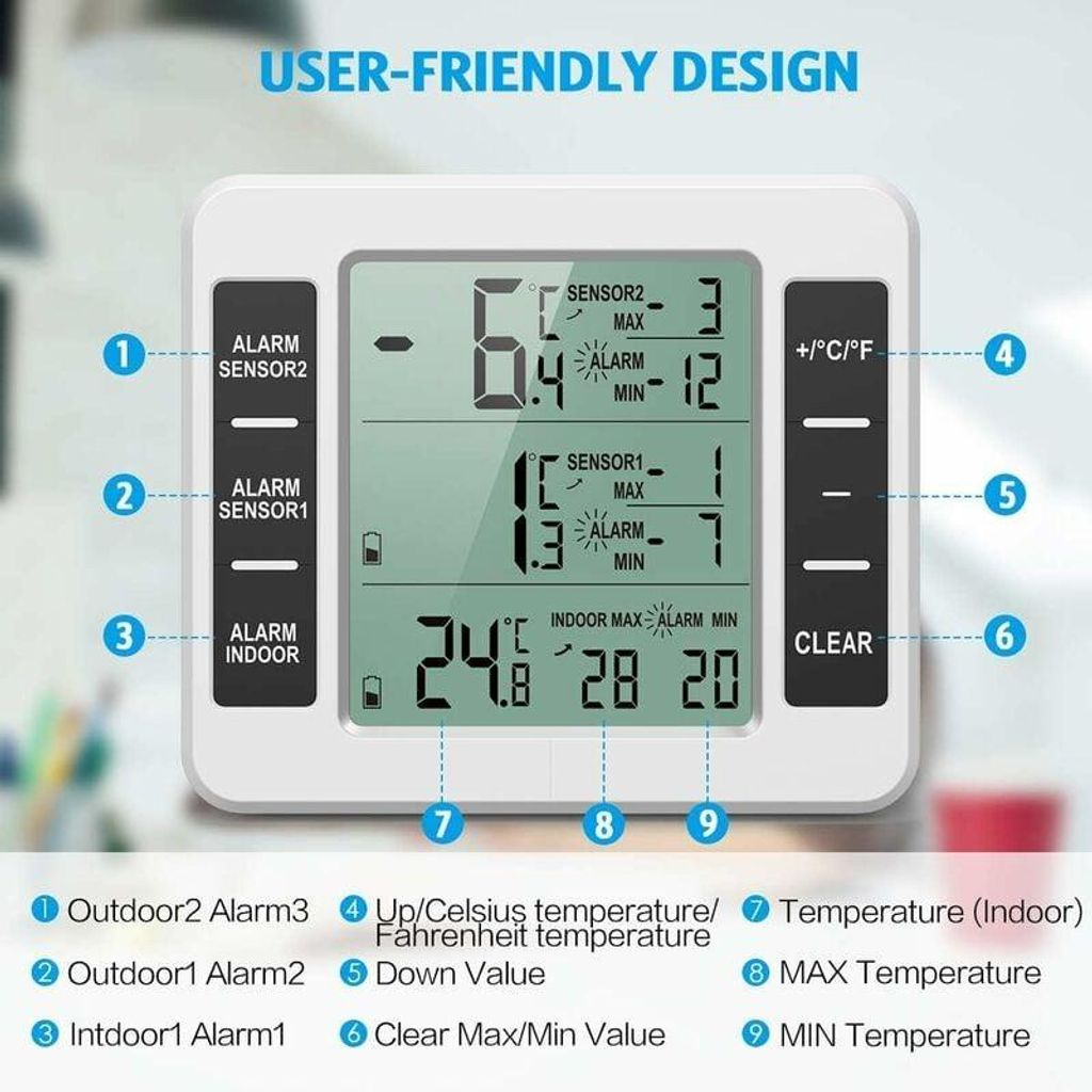Digitales Thermometer mit Anzeige für Innen- und Außentemperatur, Max/Min-Werten.