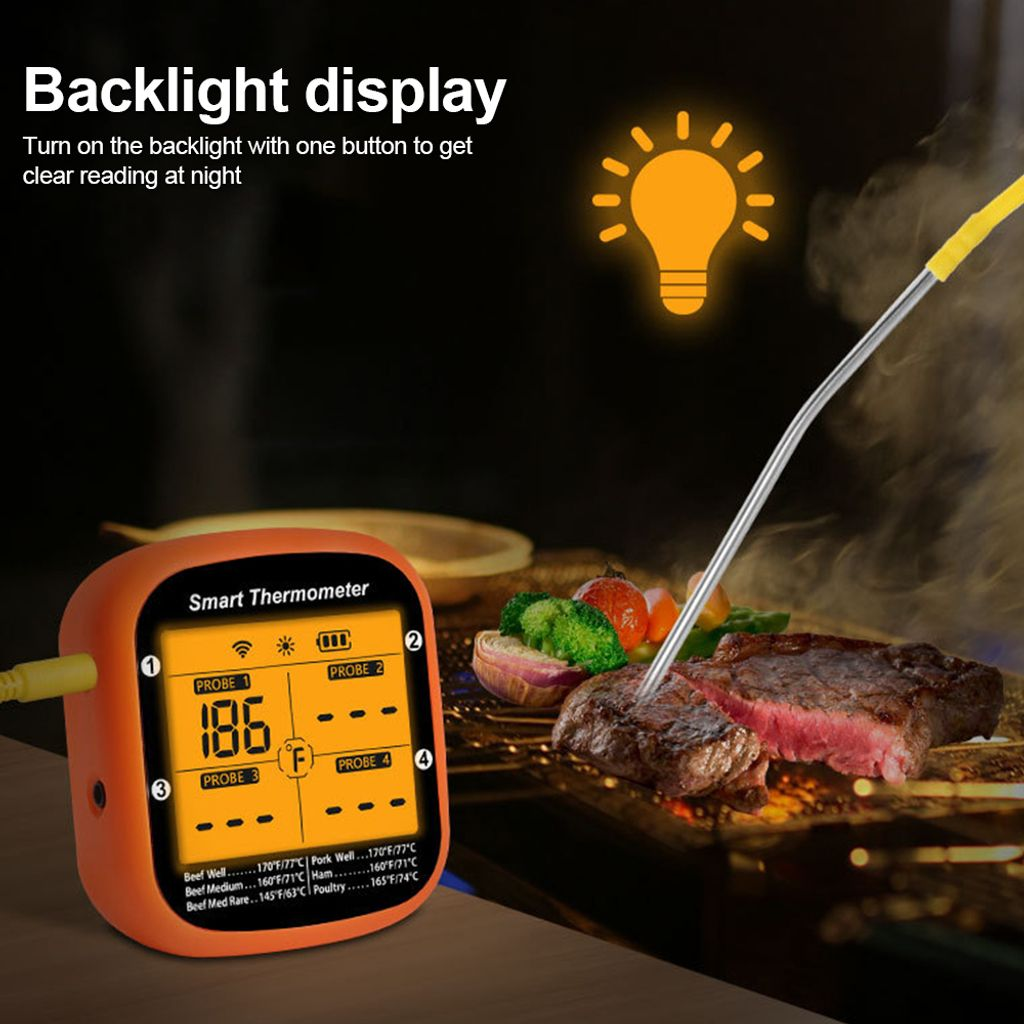 Orange Smart-Thermometer mit Sonde in Steak. Anzeige zeigt 186F. Beleuchtetes Display.