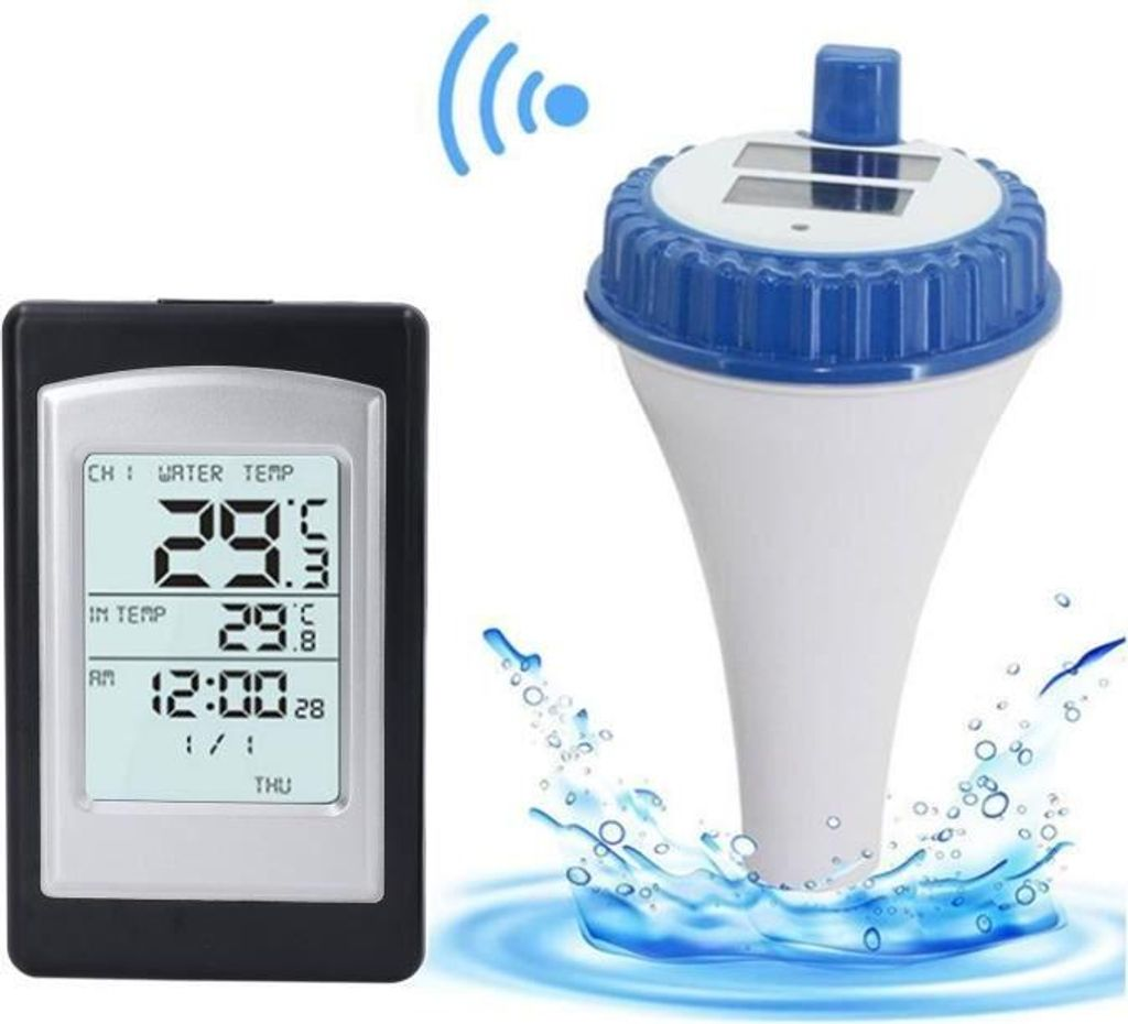 Ein digitaler Poolthermometer-Empfänger und ein schwimmender Wassertemperatur-Sensor mit WLAN.