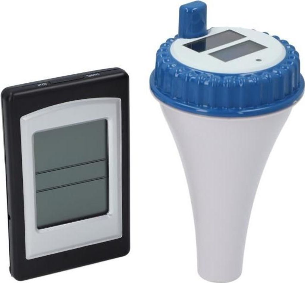 Ein schwarzer digitaler Thermometer neben einem weißen und blauen Pool-Schwimmthermostat.