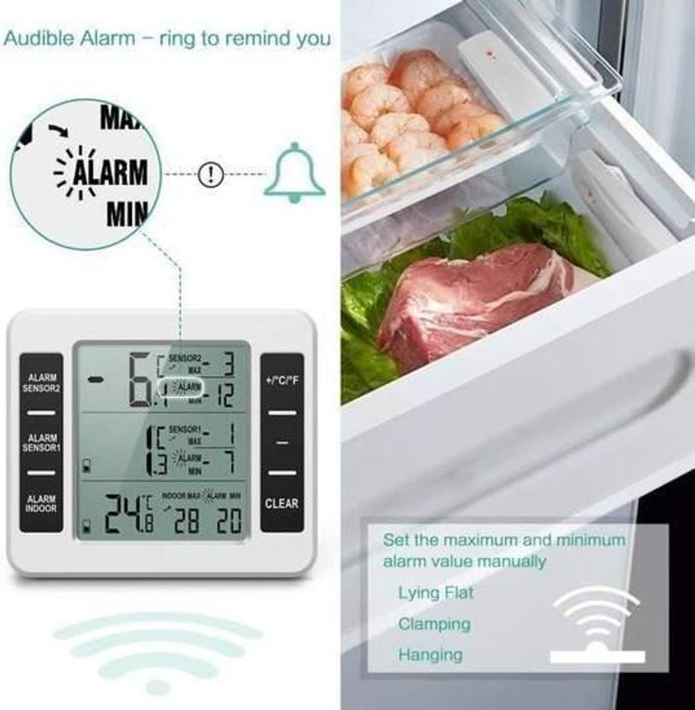 Ein digitales Thermometer mit Alarmfunktion zeigt Temperaturen und Alarme an, daneben Tiefkühlkost.