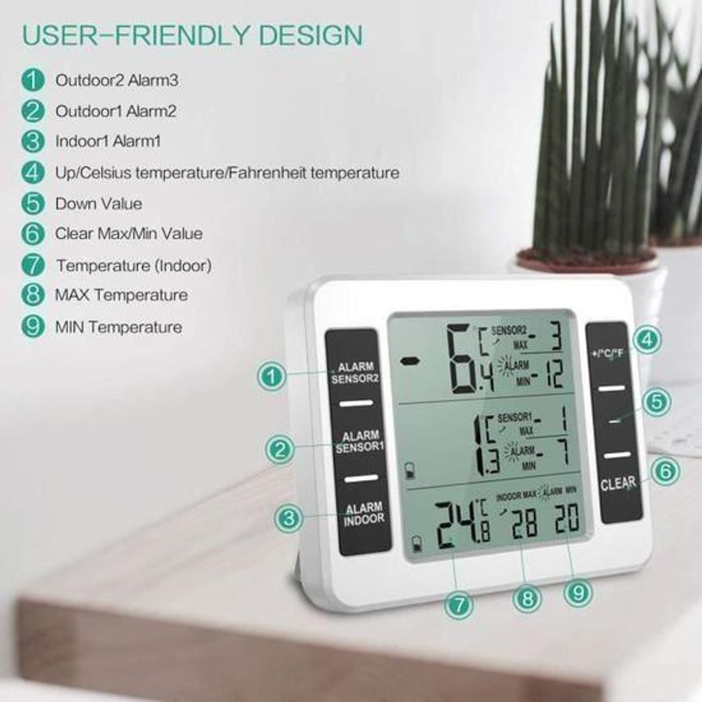 Ein weißes Digitalthermometer zeigt Indoor- und Outdoor-Temperaturen an.
