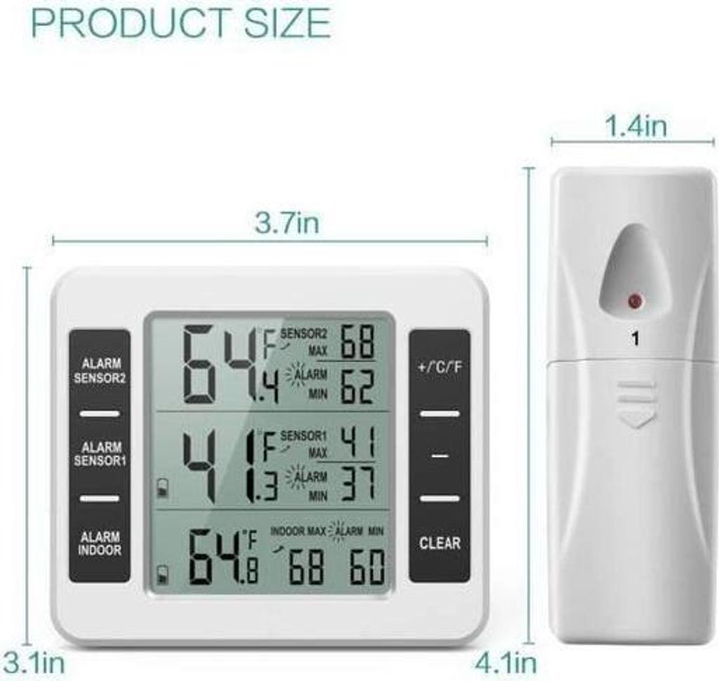 Ein digitaler Thermometer mit zwei Sensoren und ein Sender. Zeigt Innen- und Außentemperaturen.