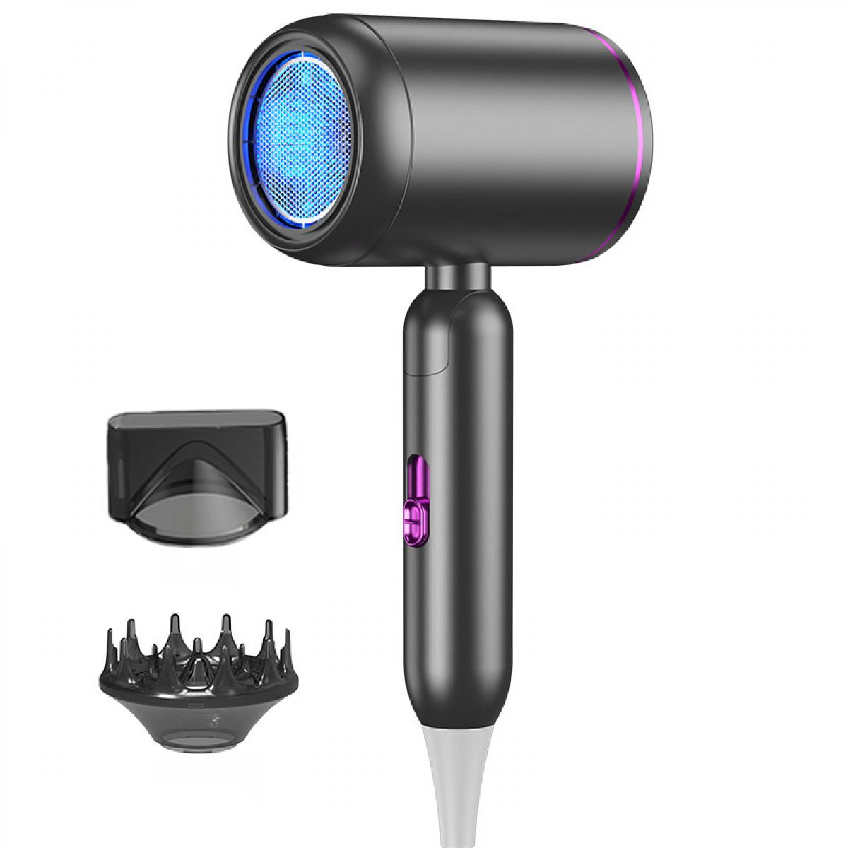 Dunkelgrauer Haartrockner mit blauer LED-Beleuchtung und Zubehör.