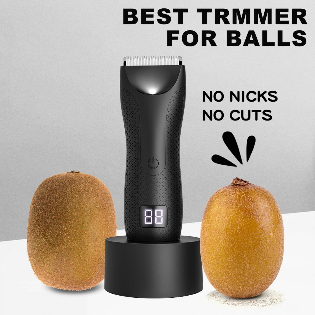 Ein schwarzer Trimmer steht auf einem Ständer zwischen zwei Kiwis.