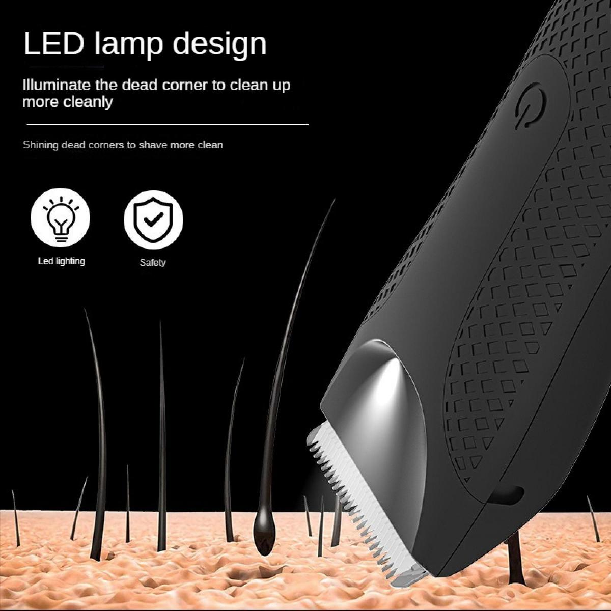 Ein schwarzer Trimmer mit LED-Licht nähert sich Haut mit Haaren.