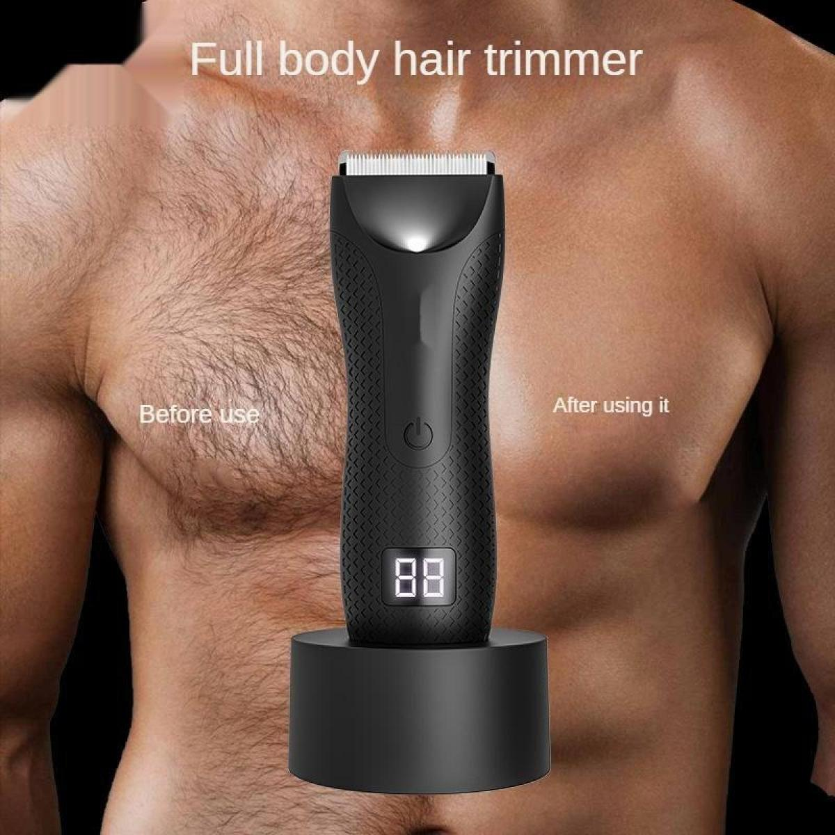 Ein schwarzer Haartrimmer auf einem Ständer vor der Brust eines Mannes.