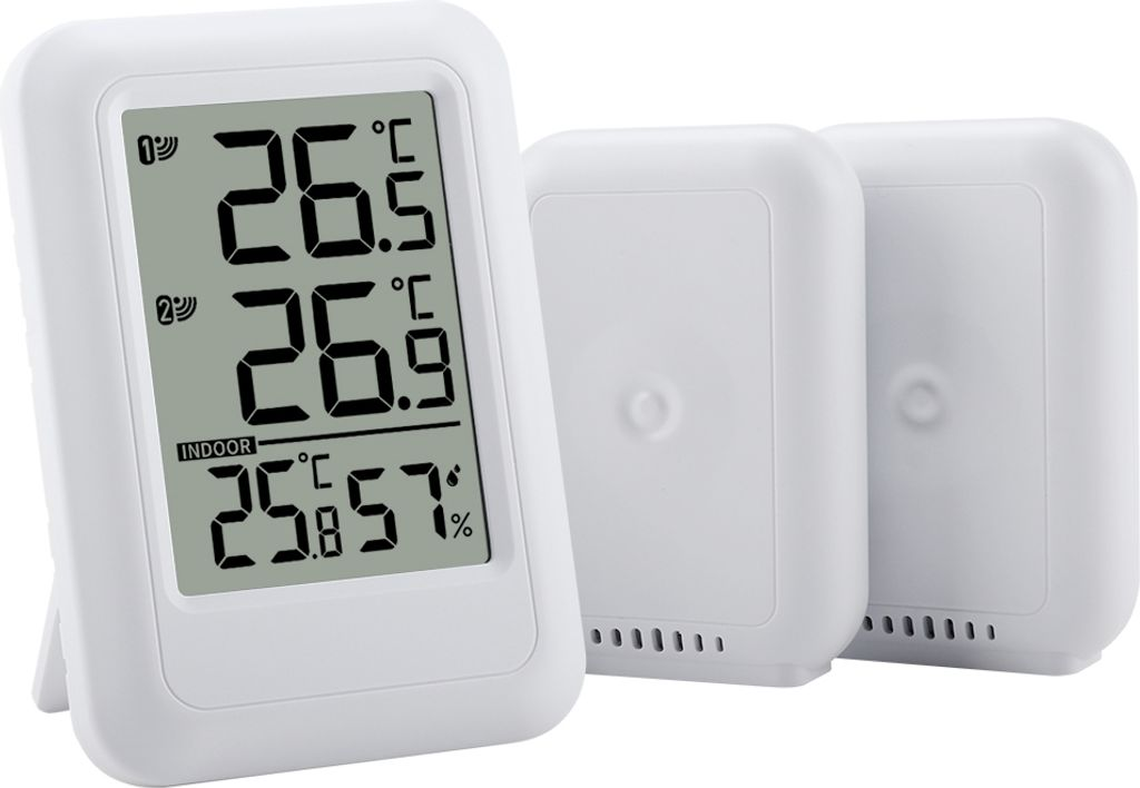 Ein weißer digitaler Thermometer mit zwei Nebengeräten zeigt Temperatur und Luftfeuchtigkeit.
