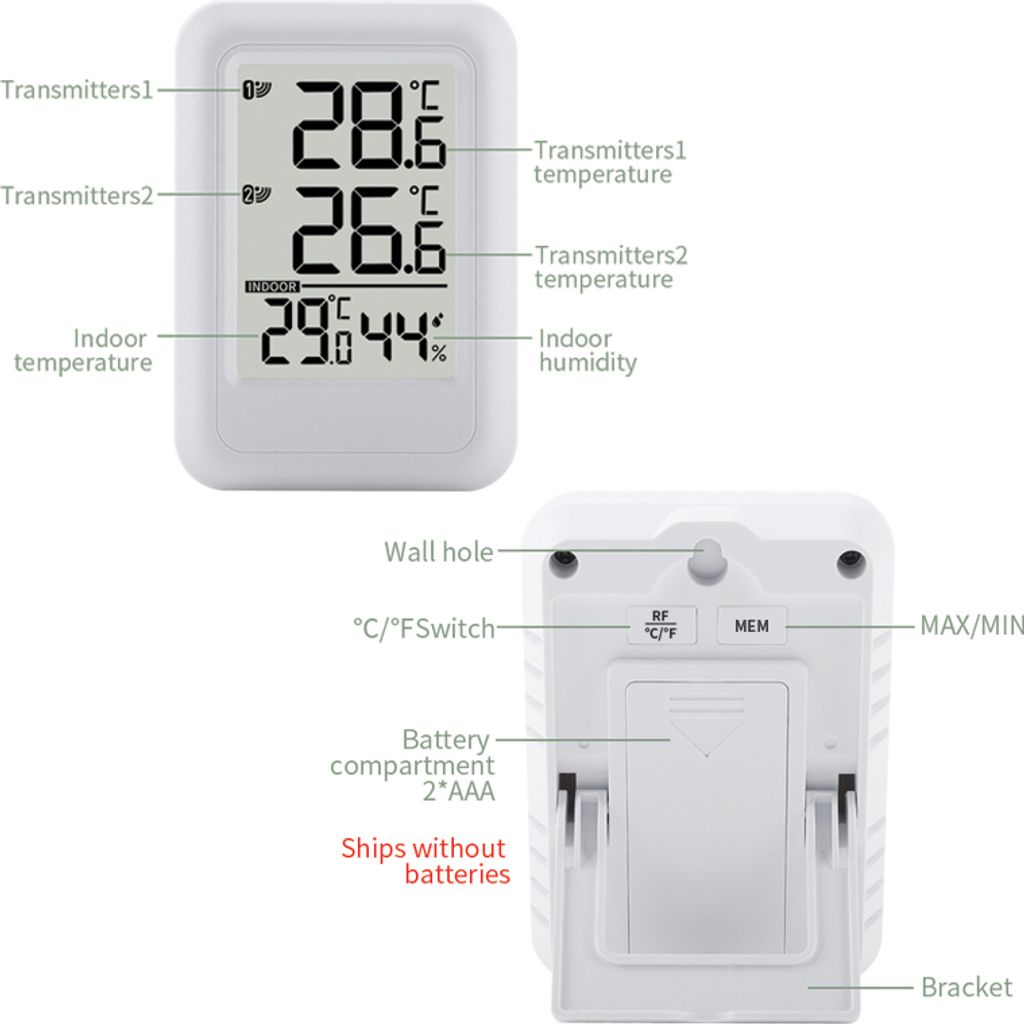 Ein digitales Thermometer zeigt Innen- und Außentemperaturen und Luftfeuchtigkeit an.