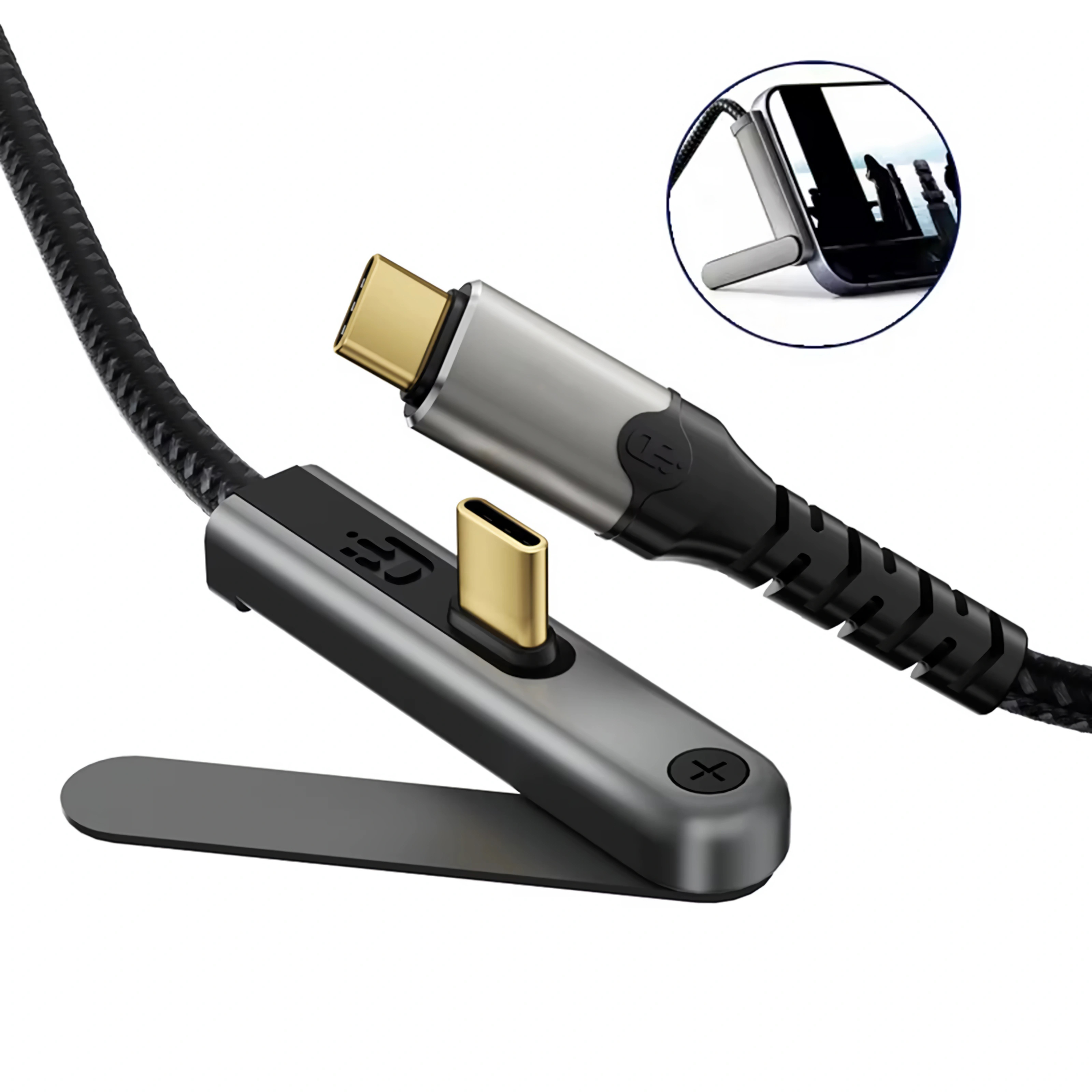 Ein graues USB-C-Kabel mit einem goldenen Stecker und einem integrierten Ständer.