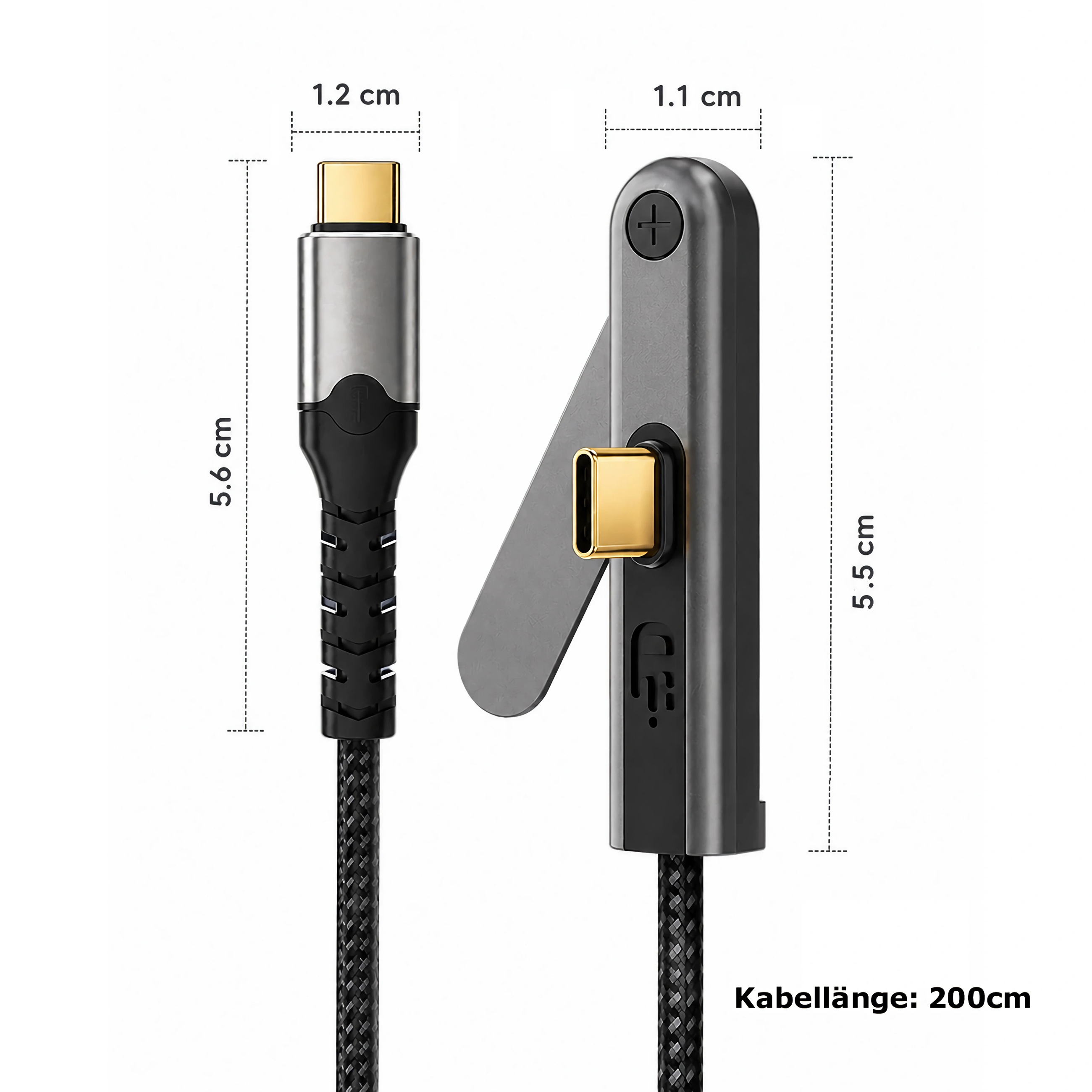 Zwei USB-C-Kabeladapter mit goldenen Anschlüssen und Längenangaben.