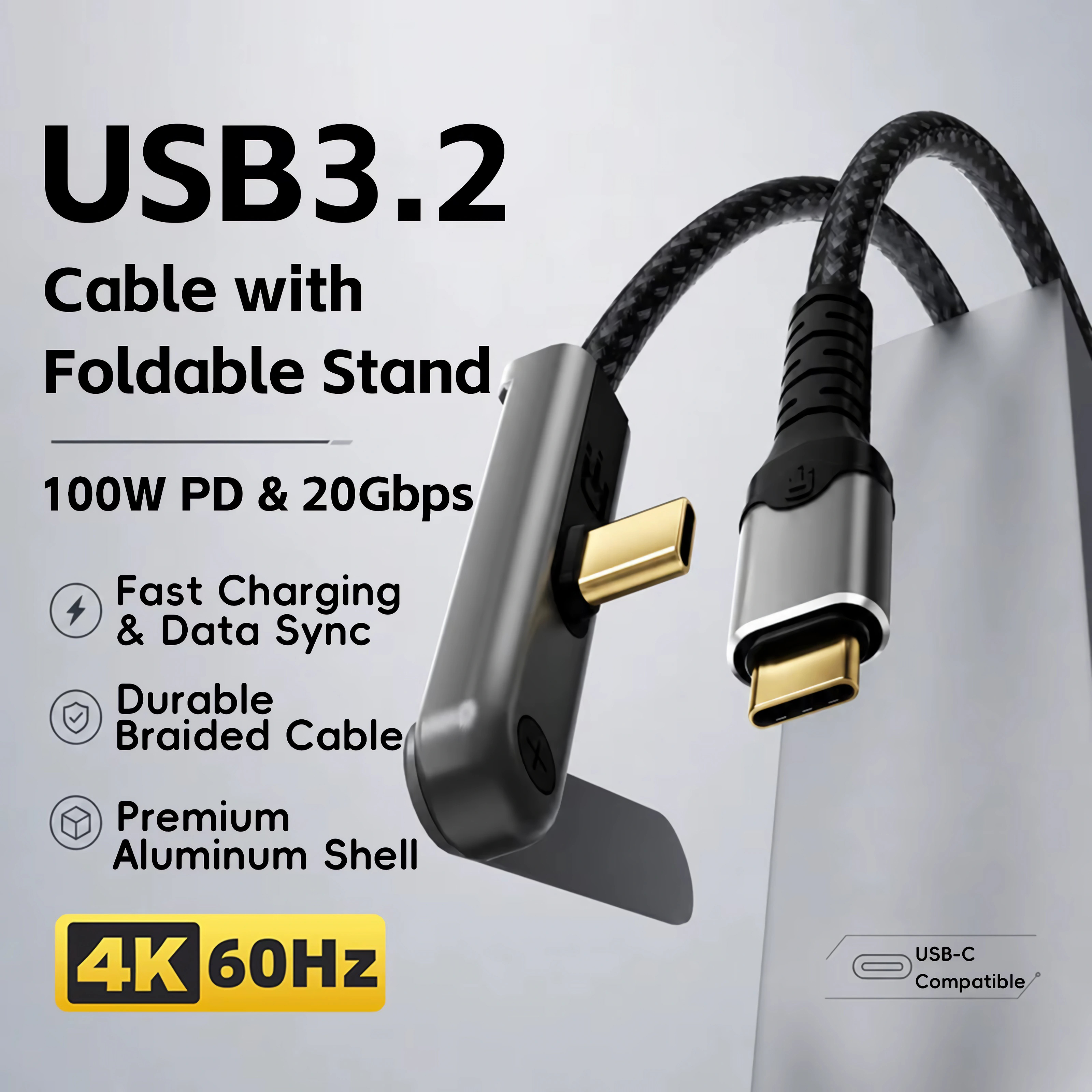 USB 3.2 Kabel mit faltbarem Ständer, 100W PD, 20Gbps, 4K 60Hz