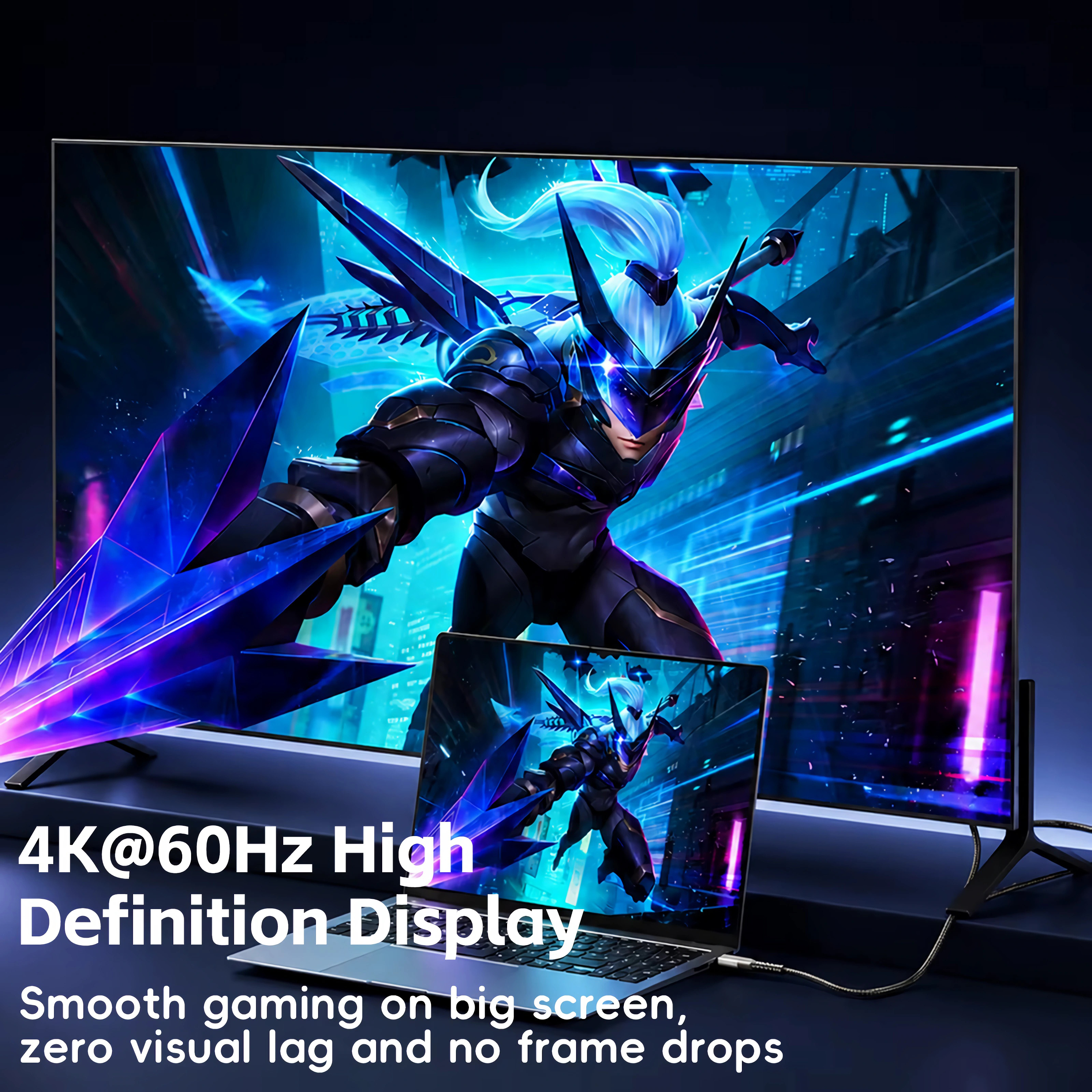 4K@60Hz-Display zeigt Krieger auf Laptop, der großen Bildschirm spiegelt.