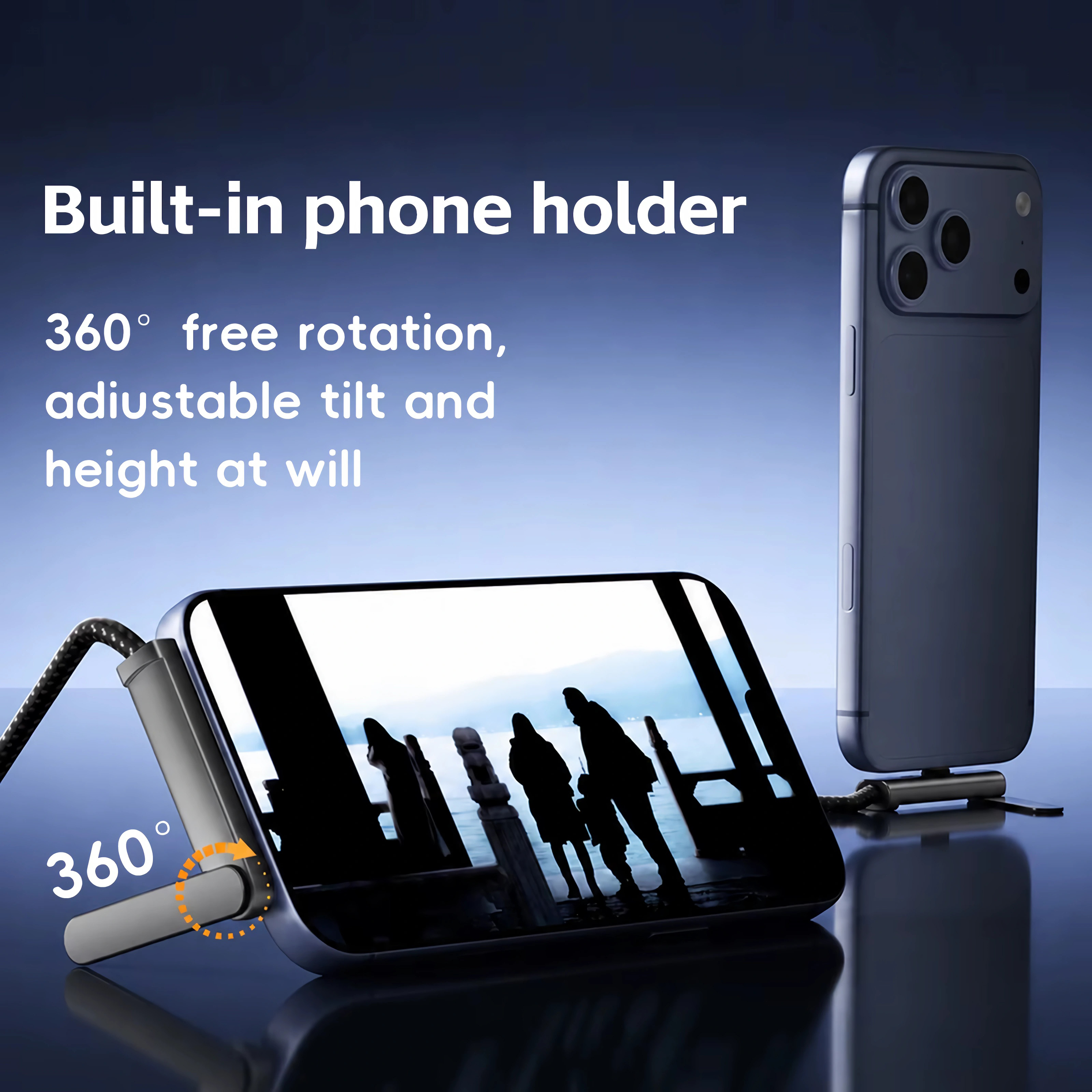 Ein Handyhalter mit 360° Drehung und verstellbarer Neigung ist abgebildet.