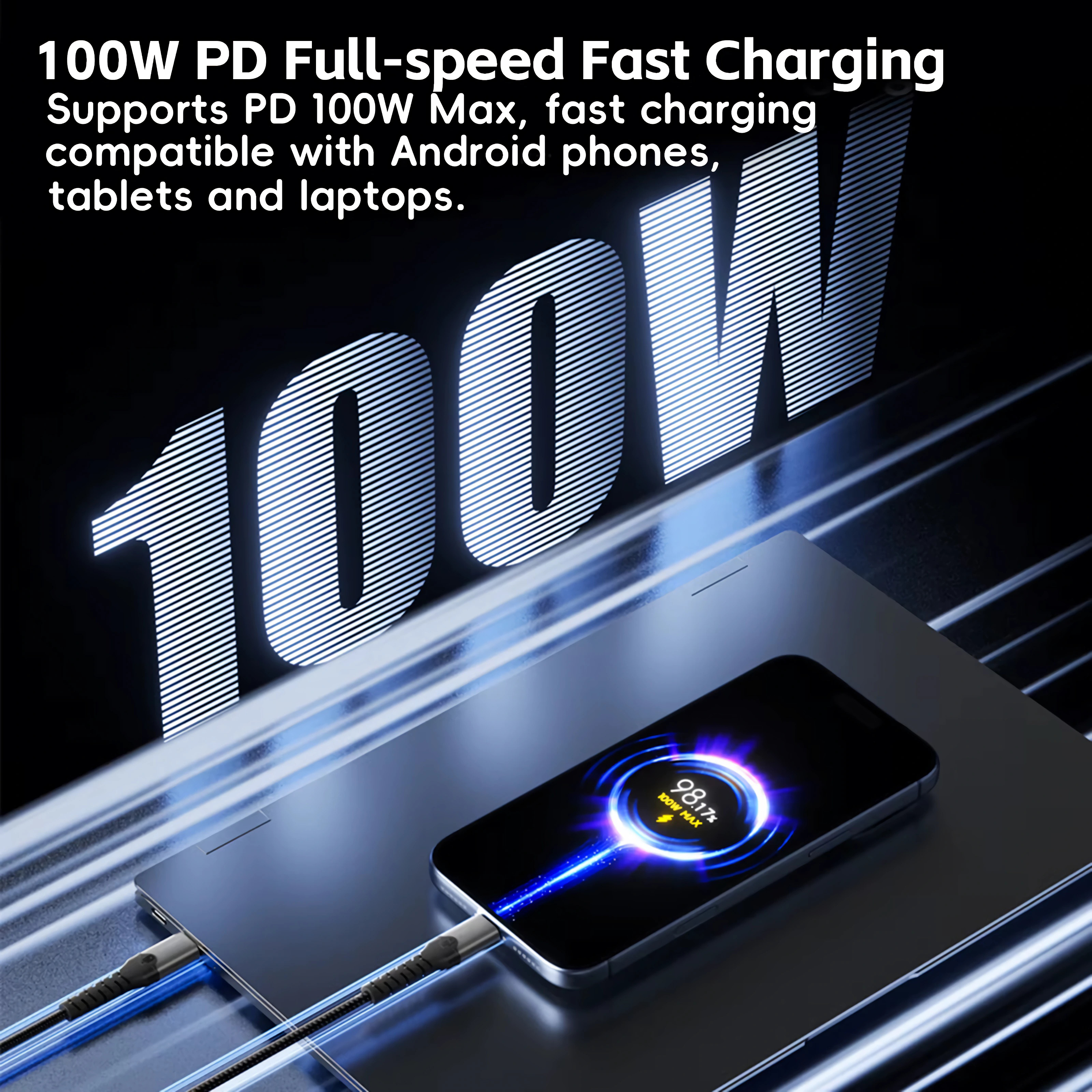 Ein Smartphone wird mit einem Laptop über ein 100W PD-Kabel verbunden.