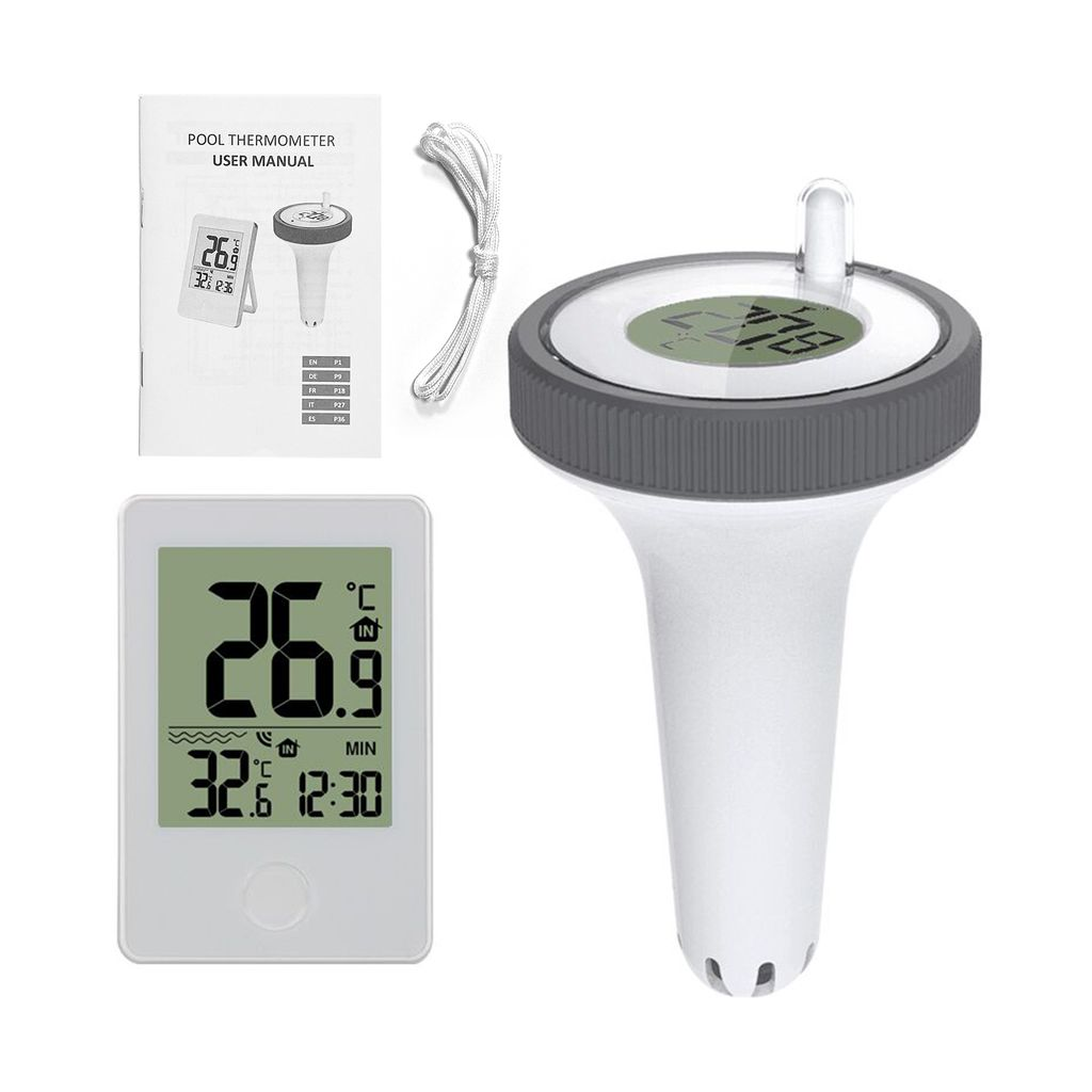 Ein weißes digitales Poolthermometer mit grauen Akzenten und einer Bedienungsanleitung.
