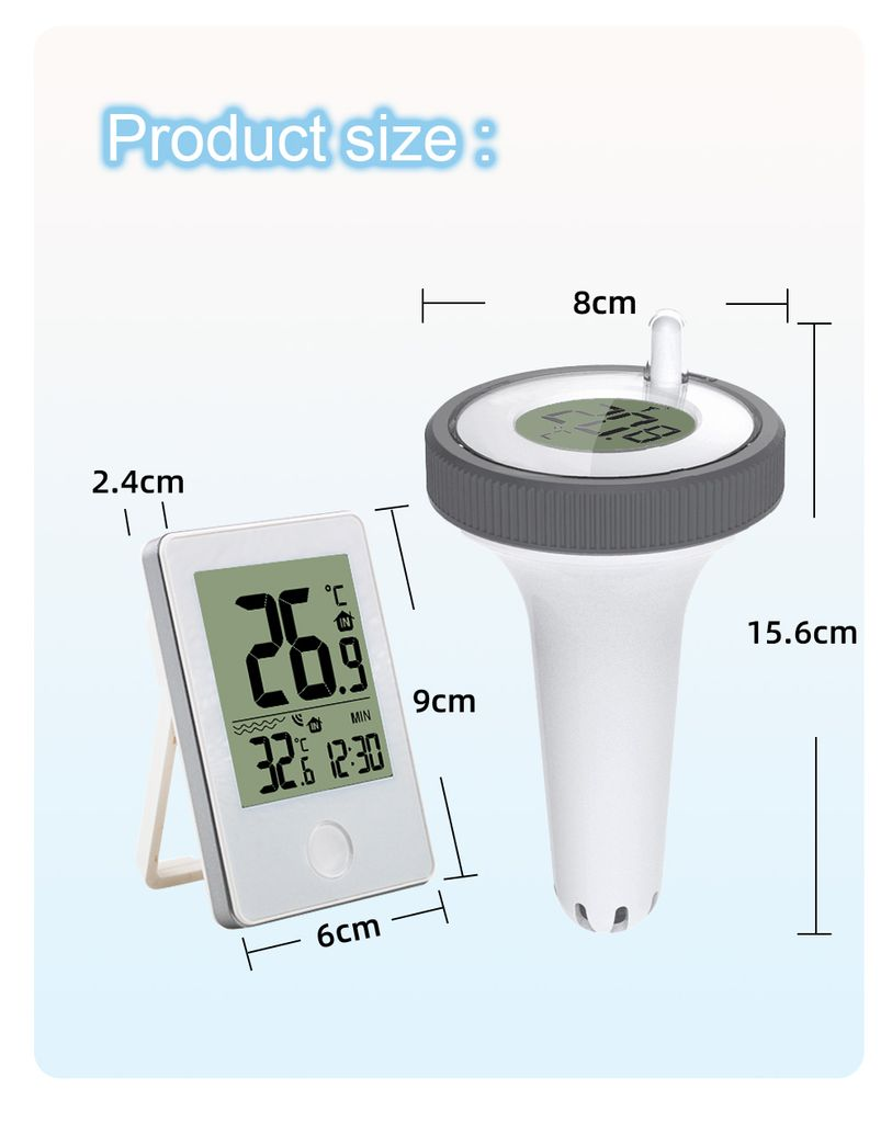 Ein digitaler Thermometer und ein Schwimmthermostat werden mit ihren Größenangaben gezeigt.