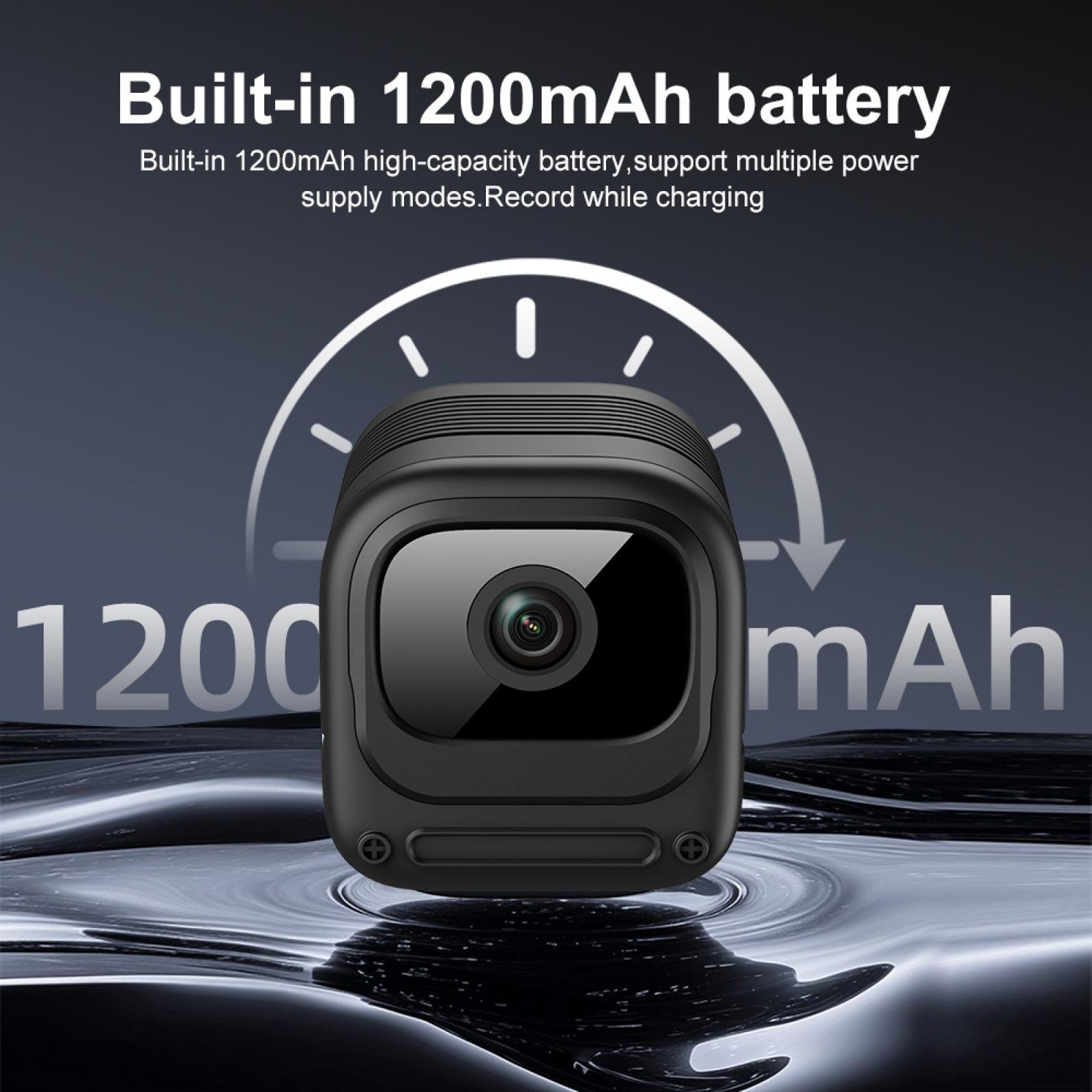 Kompakte schwarze Kamera mit 1200mAh Akku, auf glatter Oberfläche.