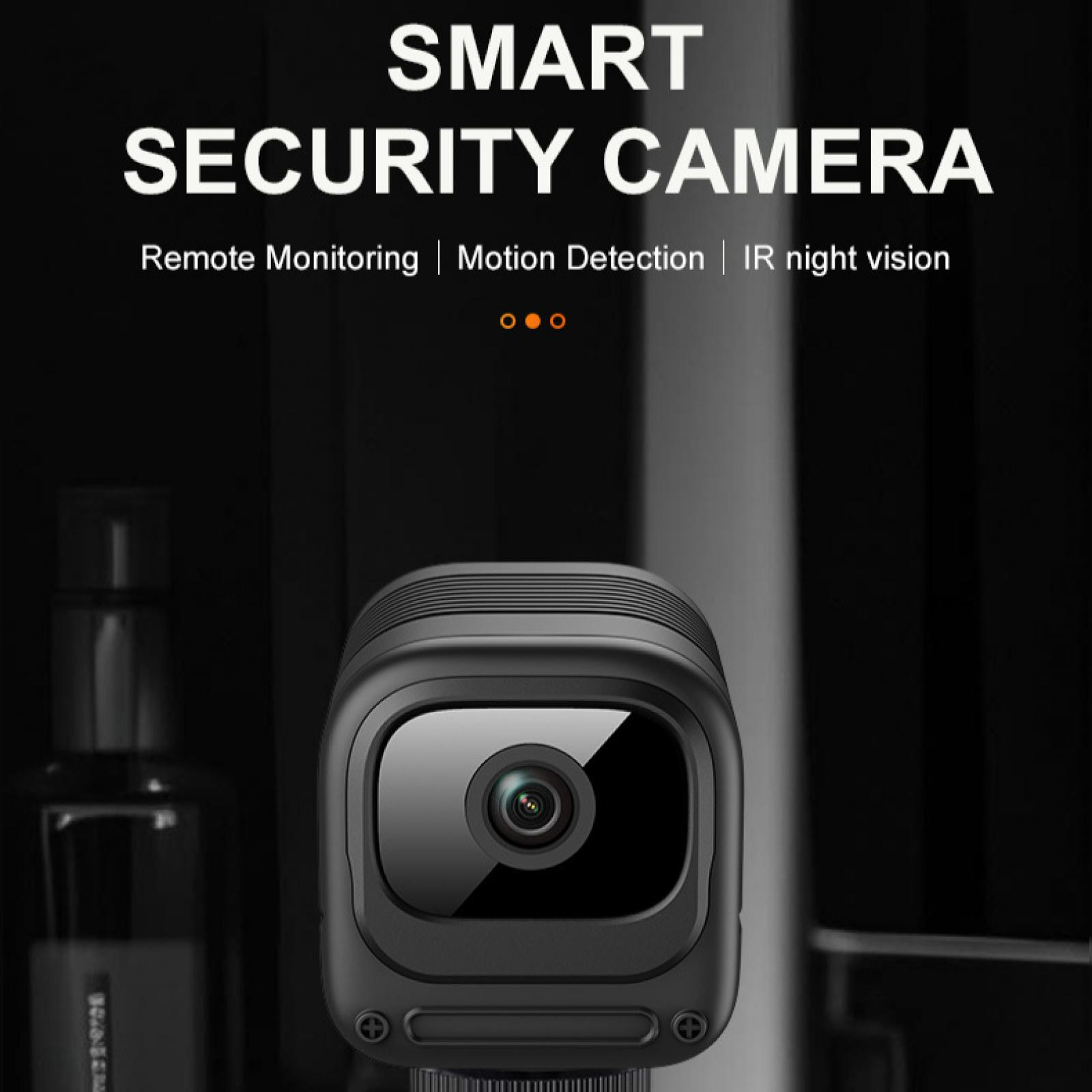 Ein schwarzer Smart-Sicherheitskamerawürfel mit Linse, auf dunklem Hintergrund.