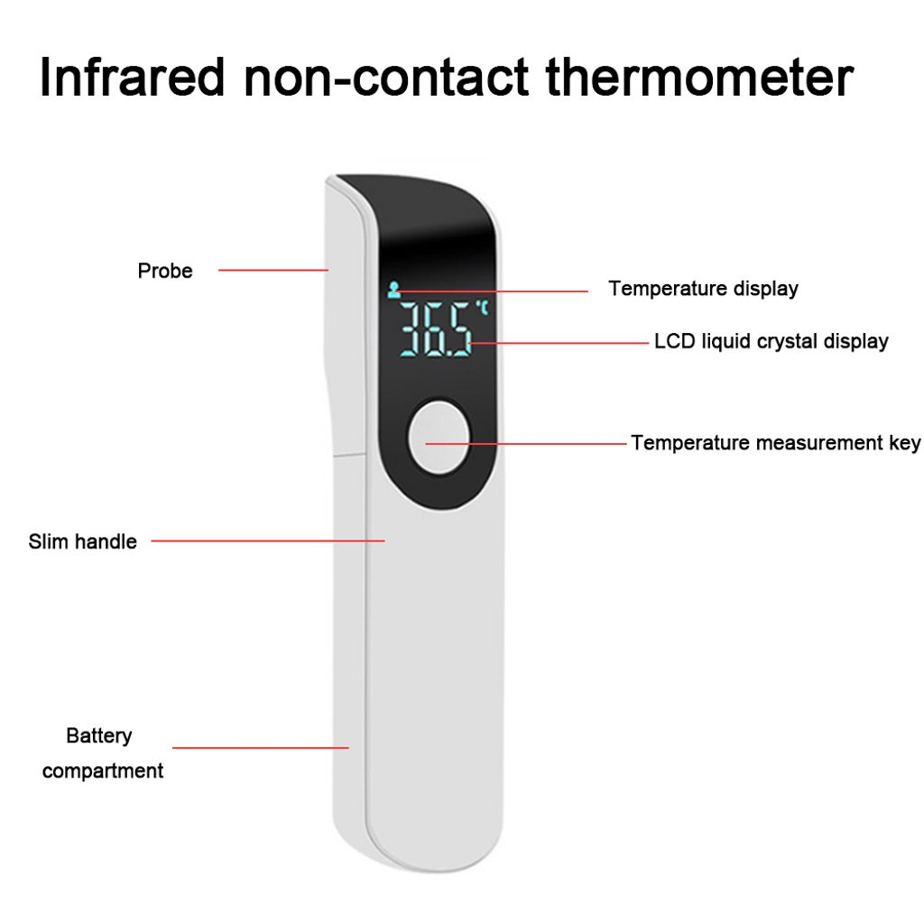 Ein weißes Infrarot-Thermometer mit einem LCD-Display, das 36,5°C anzeigt.