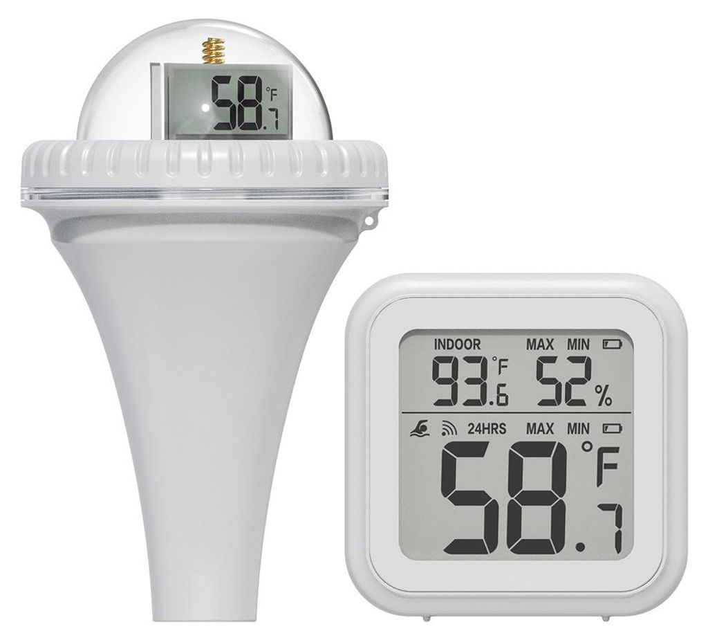 Ein weißer Wetterstation-Sender und ein digitaler Thermometer-Empfänger.